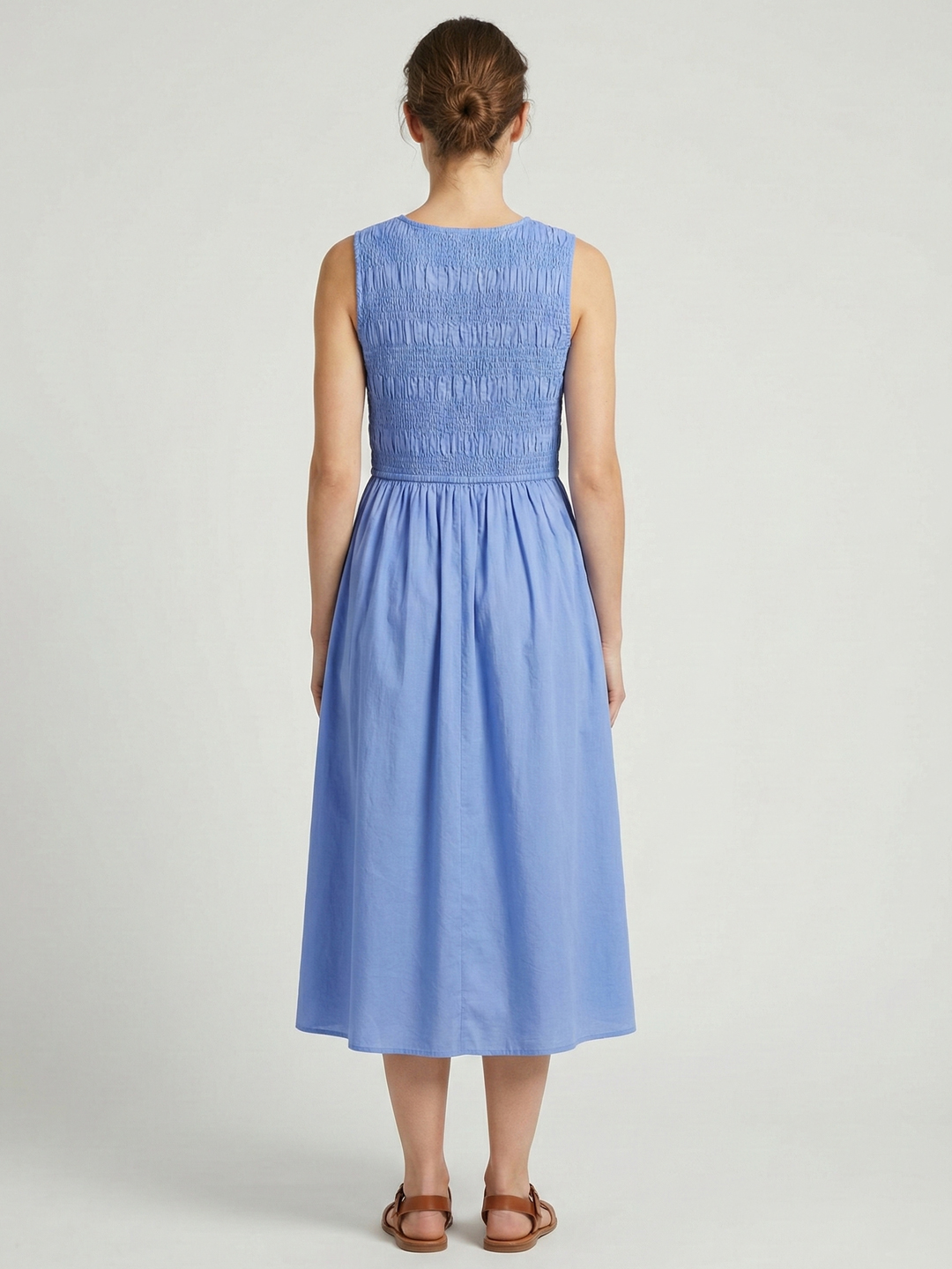 Women Light Bue Cotton Solid Smocked Shirred Dress 3
