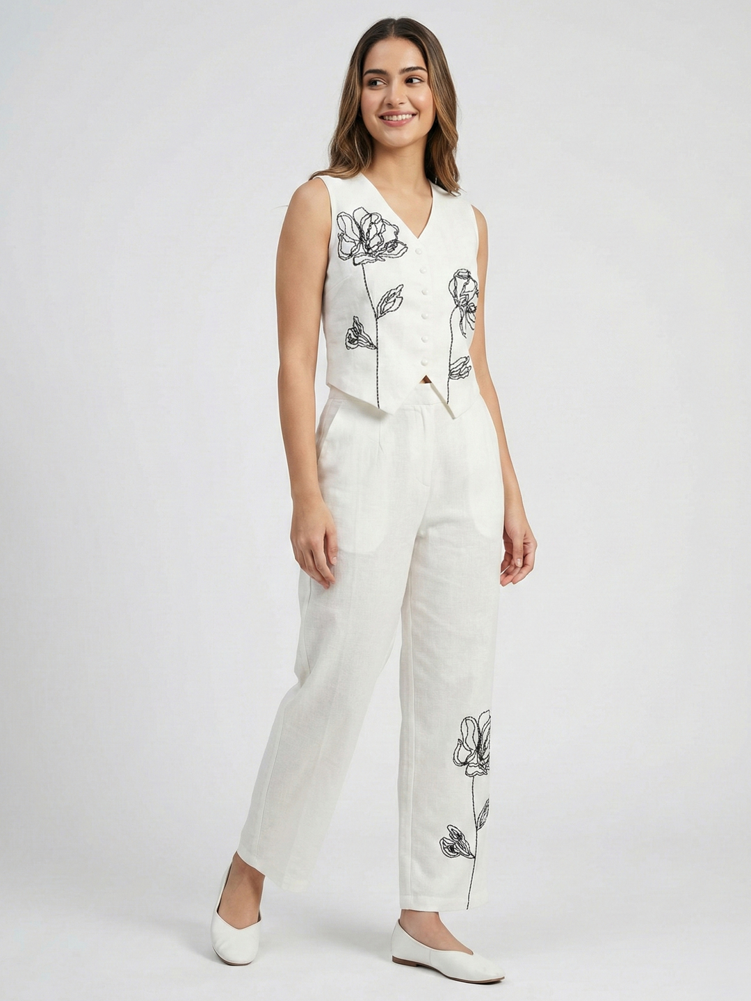 Women Off-White Embroidered Pure Cotton Co-ord Set