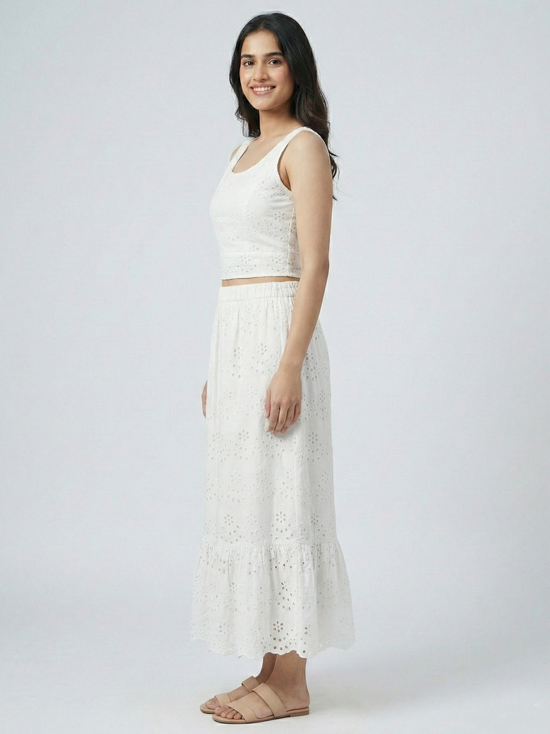 Women White Schiffli Embroidered Pure Cotton Co-ord Set 3