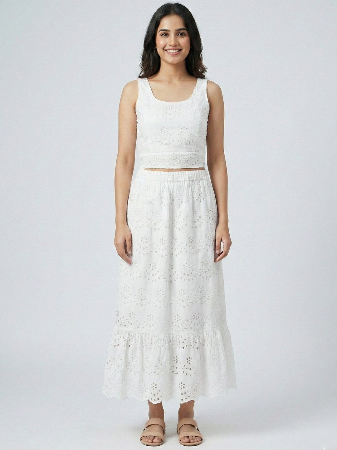 Women White Schiffli Embroidered Pure Cotton Co-ord Set 5