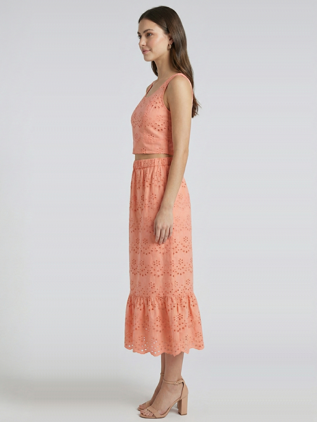 Women Pink Cotton Schiffli Embroidered Smocked Co-ord Set 2