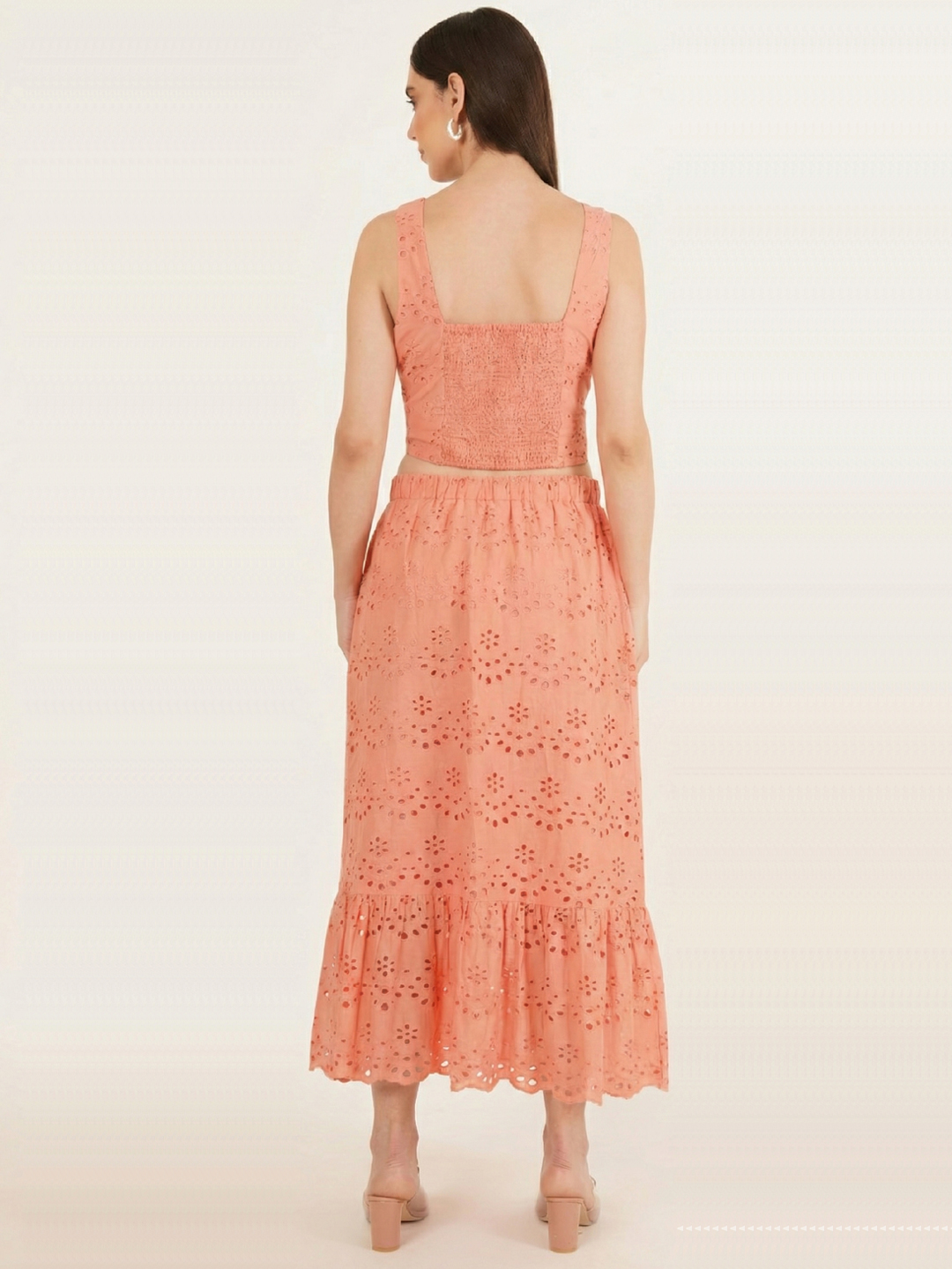 Women Pink Cotton Schiffli Embroidered Smocked Co-ord Set 4