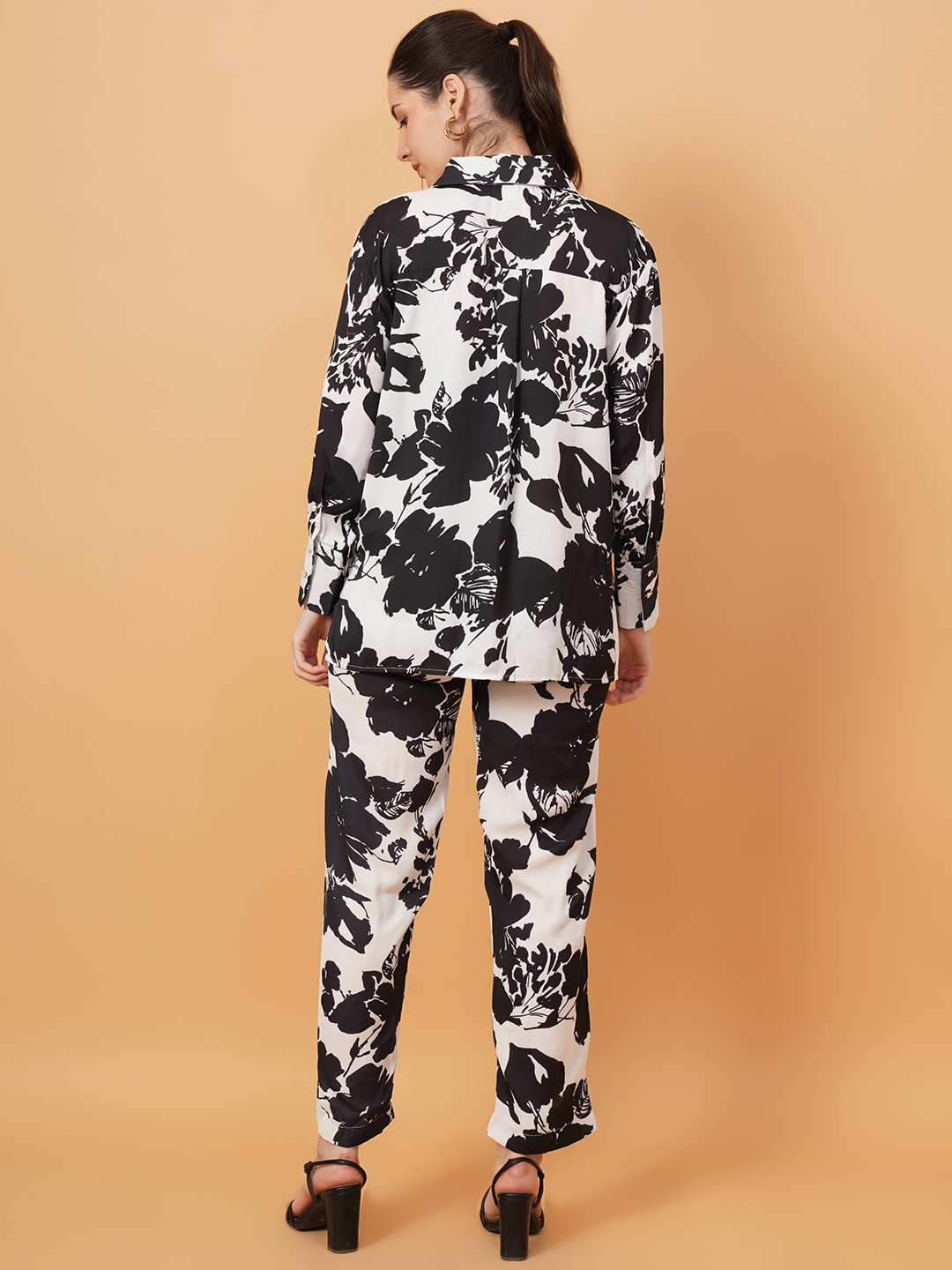 Women Black & White Satin Printed Co-Ord Set 3