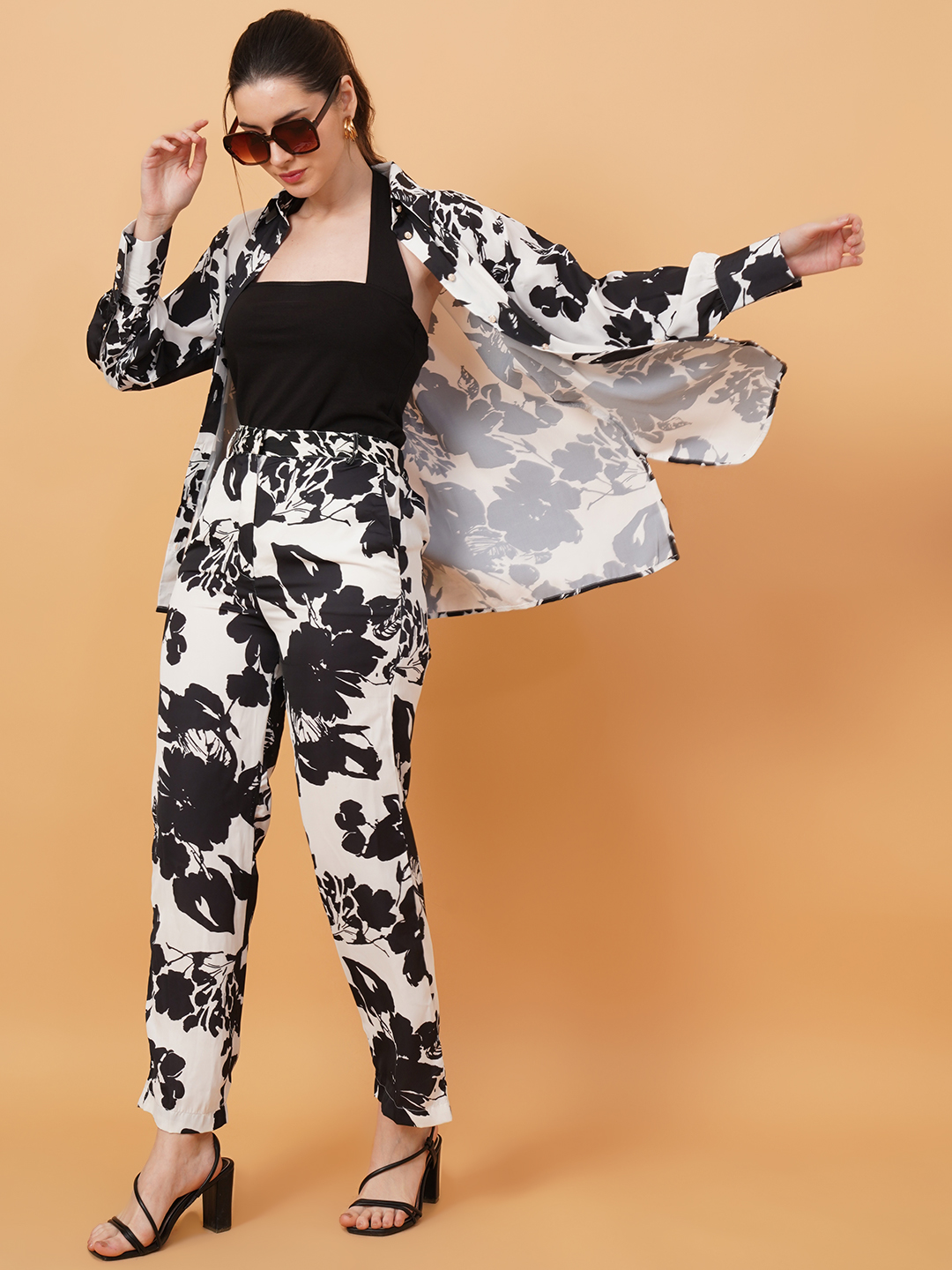 Women Black & White Satin Printed Co-Ord Set 4