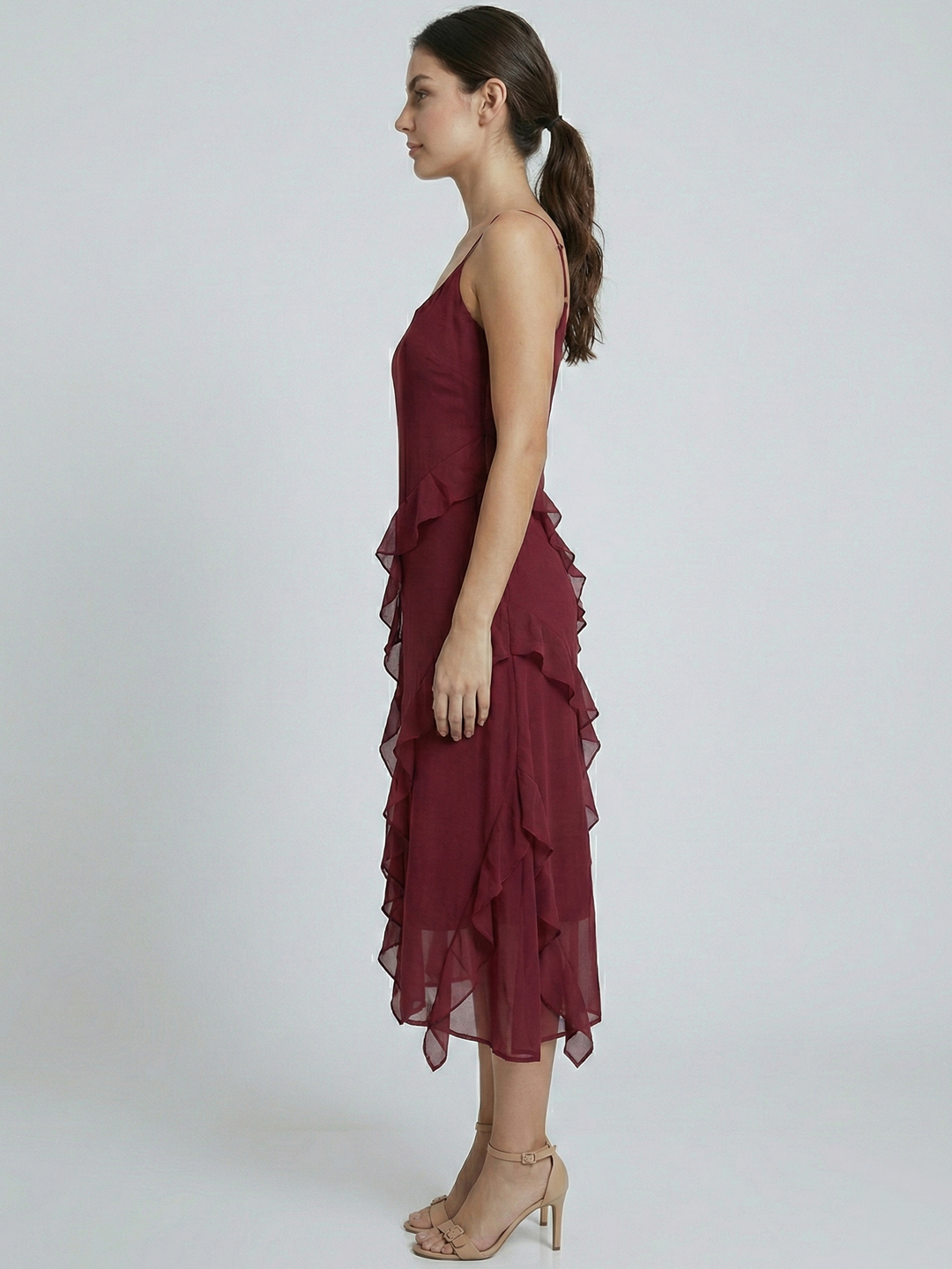 Women Wine Solid Ruffle Shoulder Strap Midi Dress 3