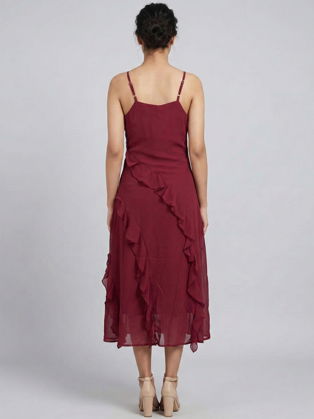 Women Wine Solid Ruffle Shoulder Strap Midi Dress 4
