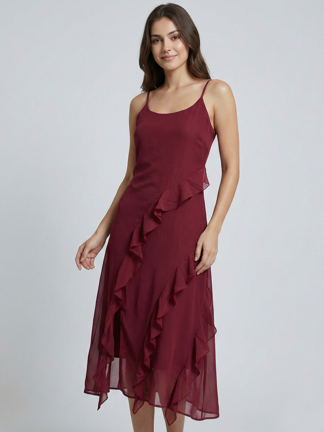 Women Wine Solid Ruffle Shoulder Strap Midi Dress 5