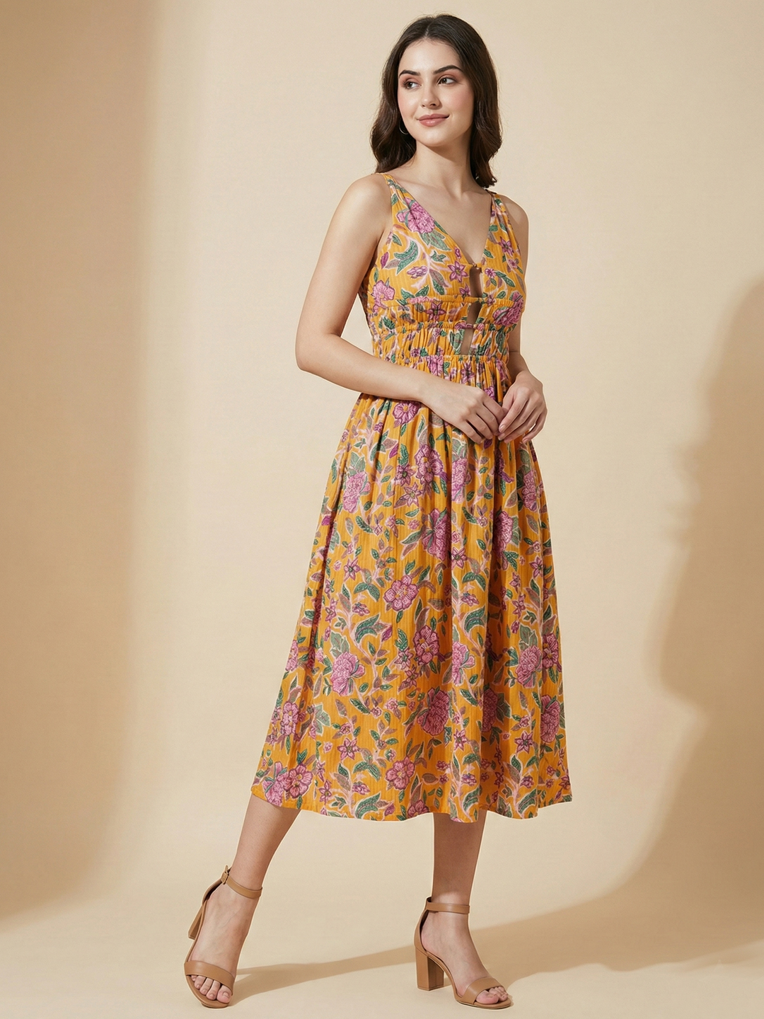Women Yellow & Pink Floral Print Shoulder Strap Midi Dress 2