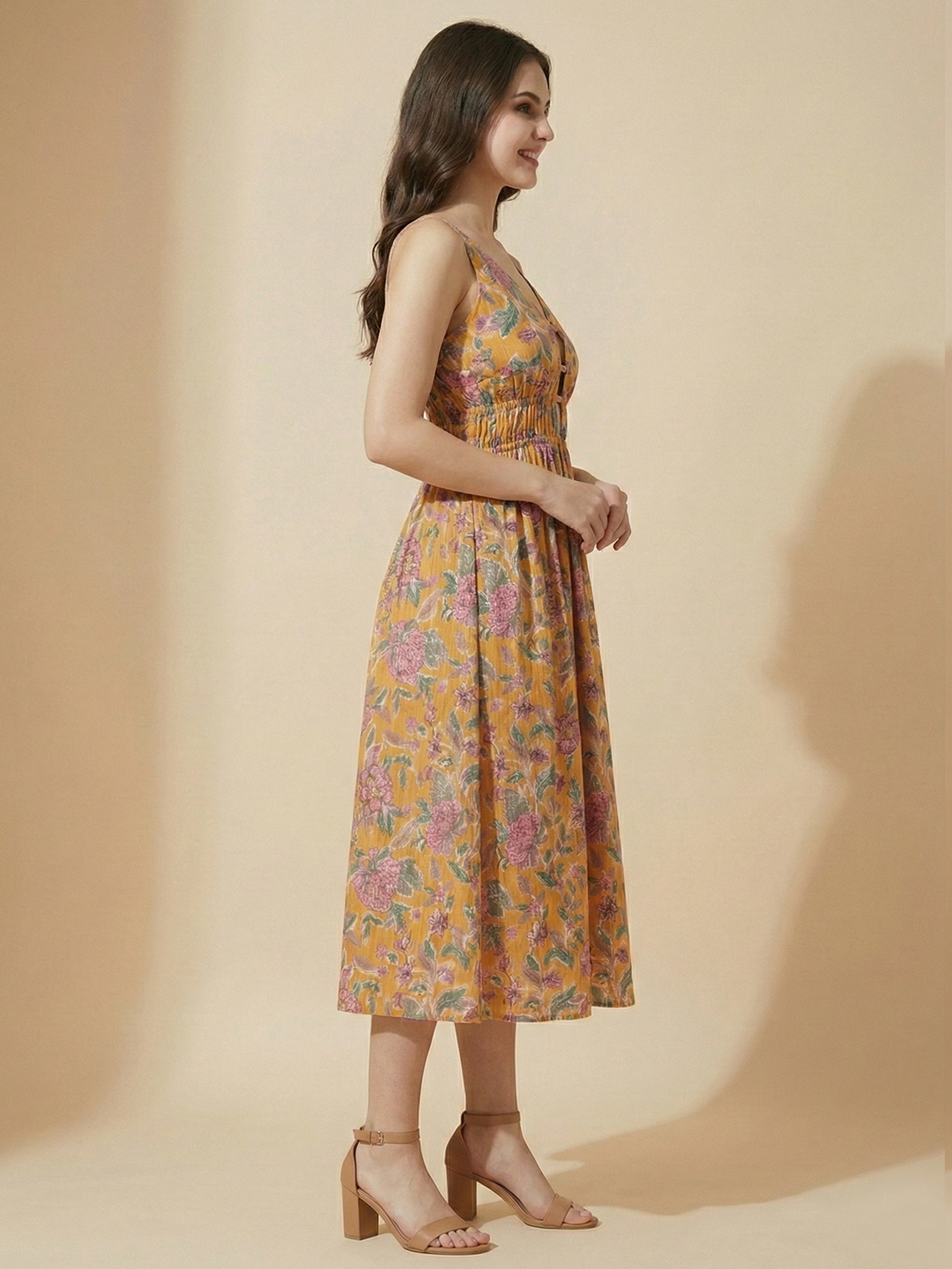 Women Yellow & Pink Floral Print Shoulder Strap Midi Dress 3