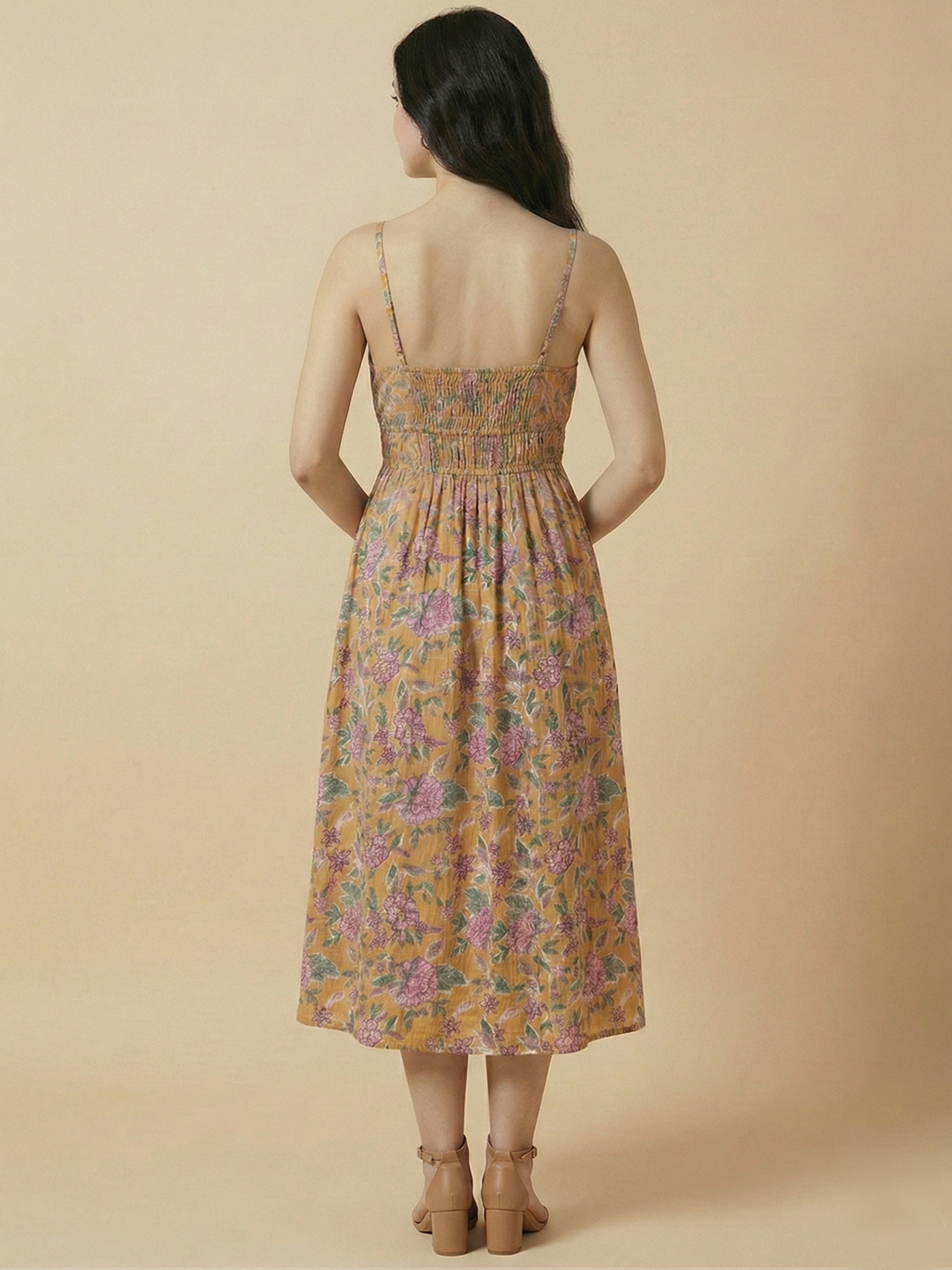 Women Yellow & Pink Floral Print Shoulder Strap Midi Dress 4