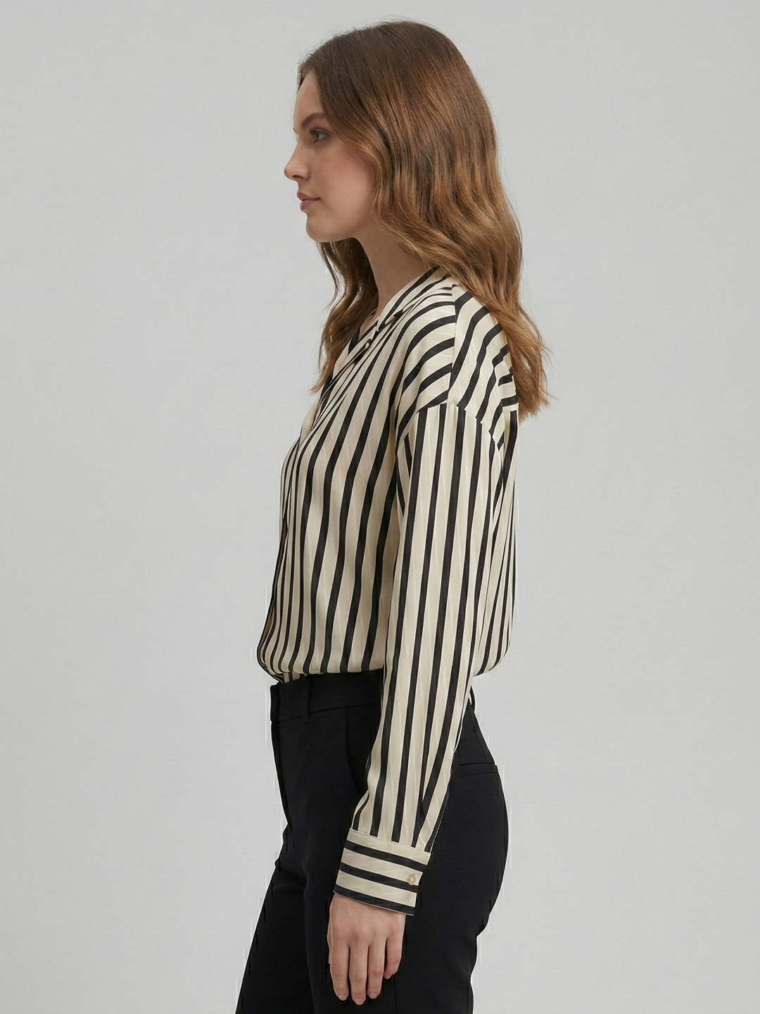 Women Black & Beige Stripe Satin Shirt 2