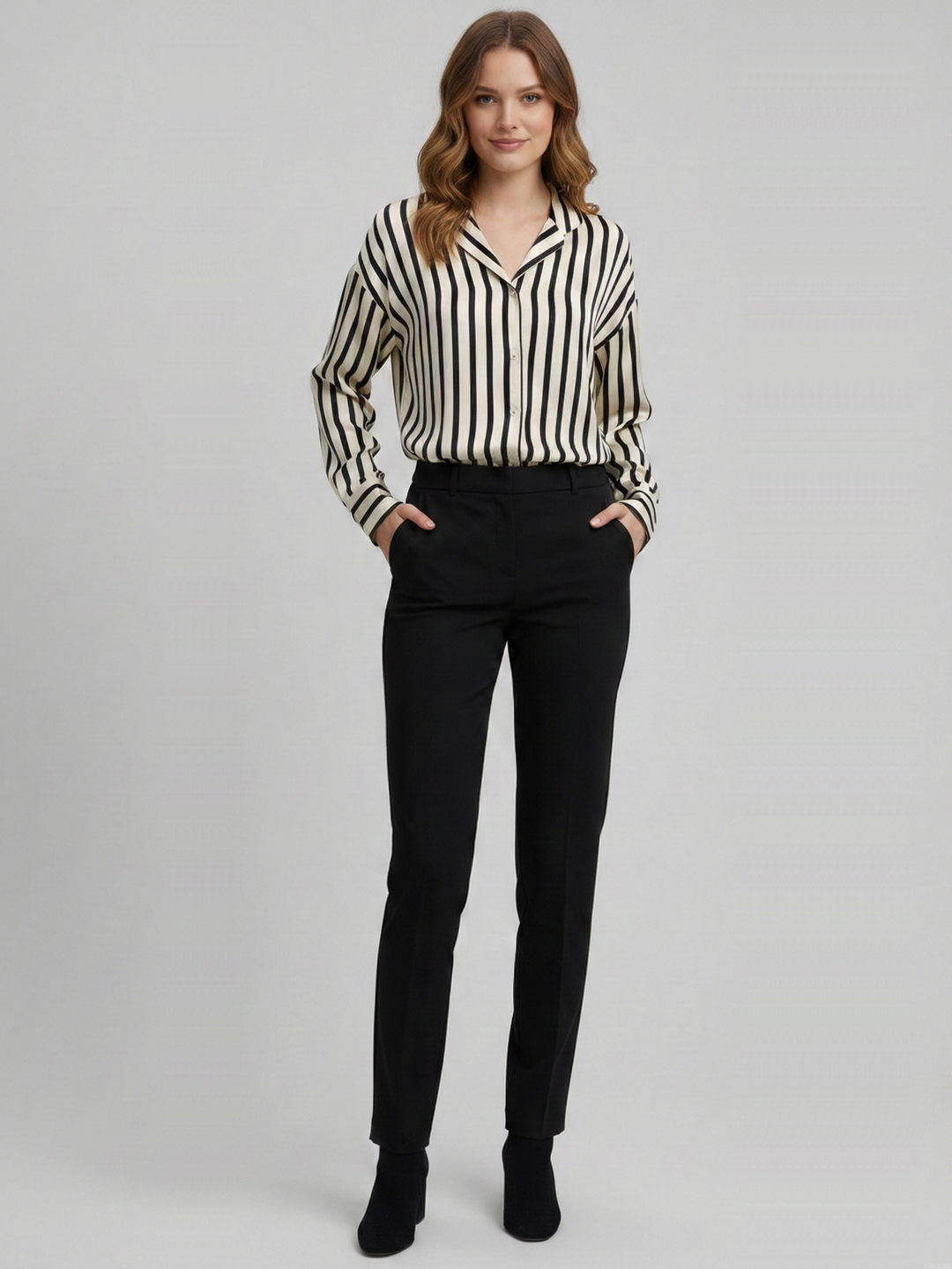 Women Black & Beige Stripe Satin Shirt 5