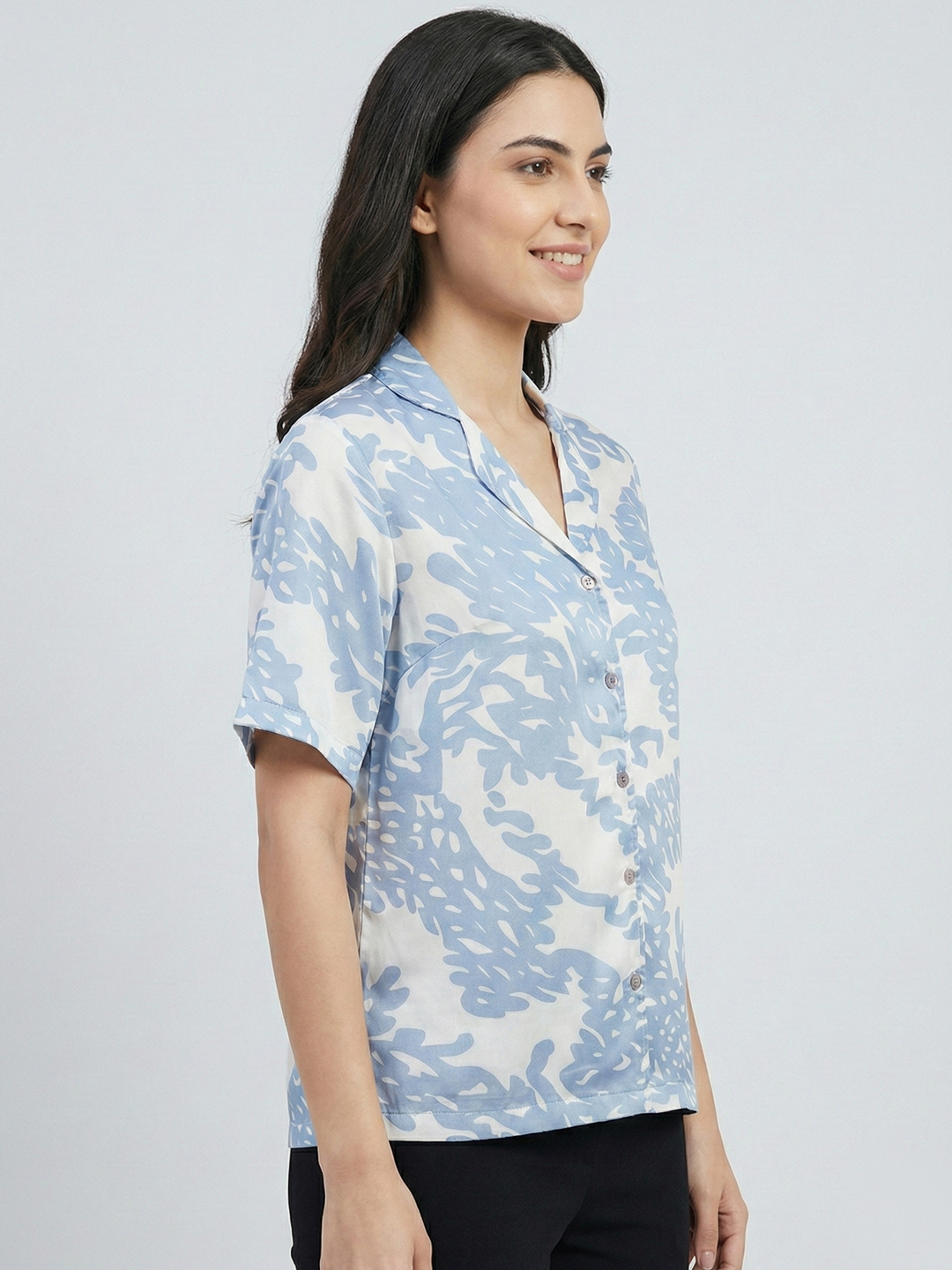 Women Blue & White Printed Satin Shirt 2