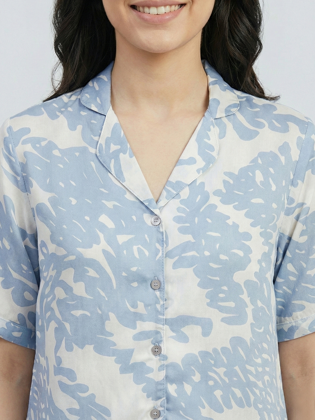 Women Blue & White Printed Satin Shirt 3