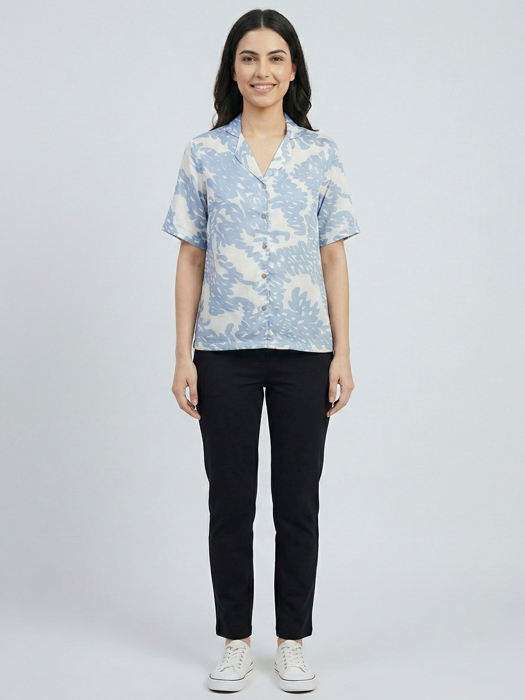 Women Blue & White Printed Satin Shirt 5