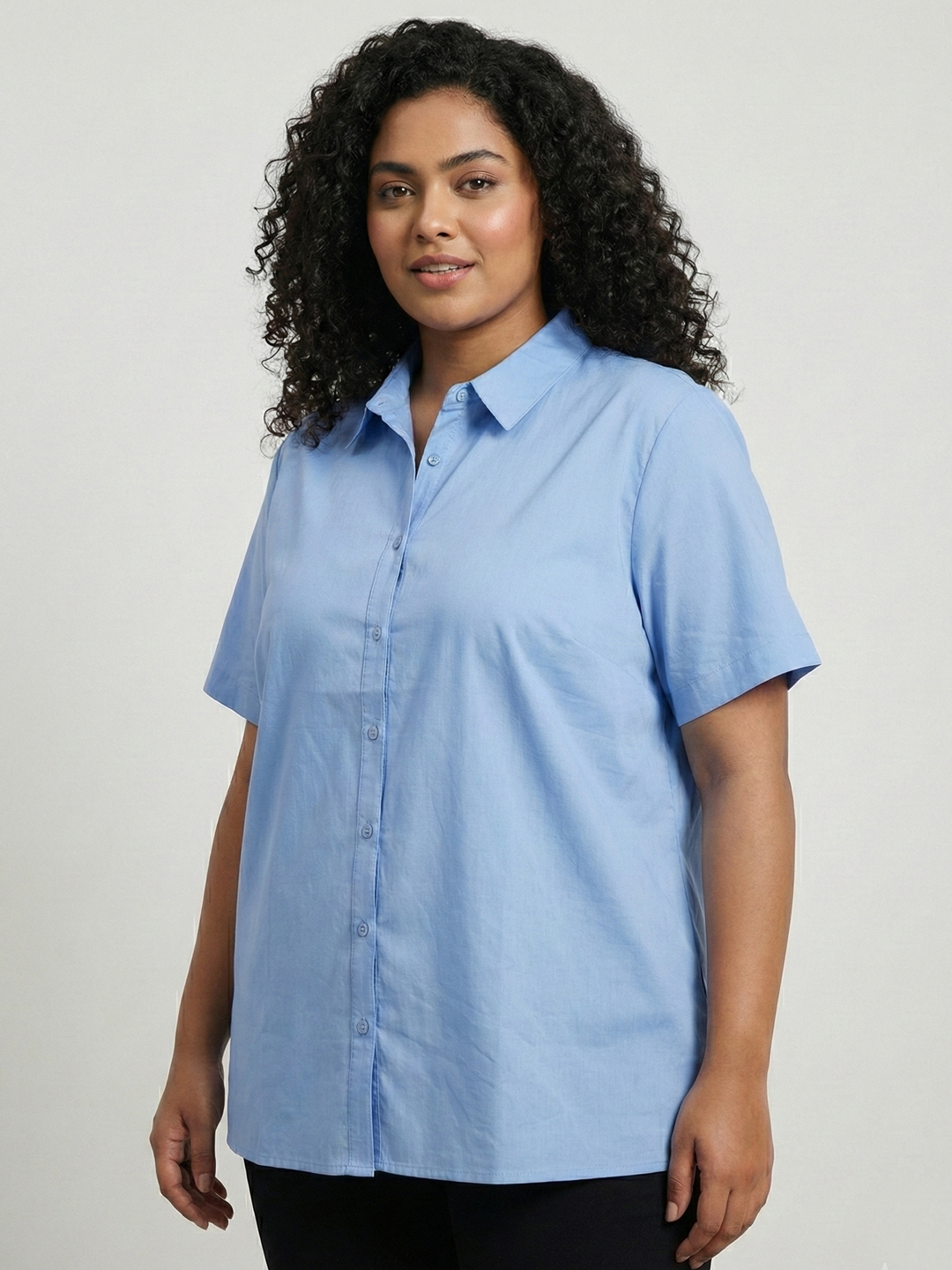 Women Blue Solid Short Sleeve Cotton Shirt 4