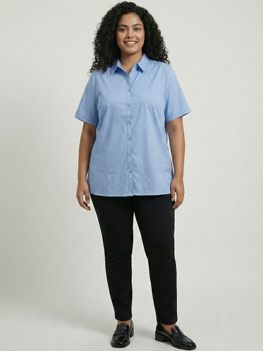 Women Blue Solid Short Sleeve Cotton Shirt 5