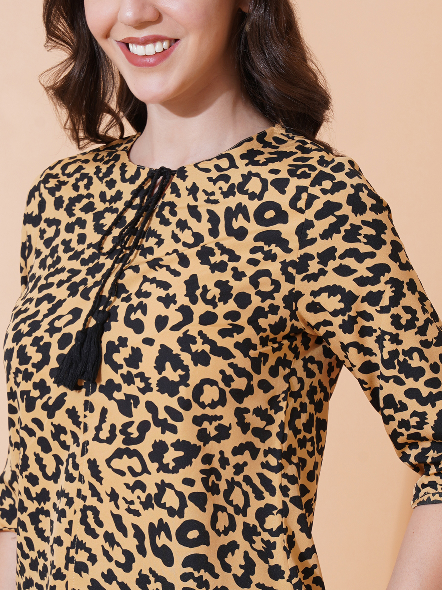 Women Yellow & Black Animal Print Tie-Up Neck Top 2