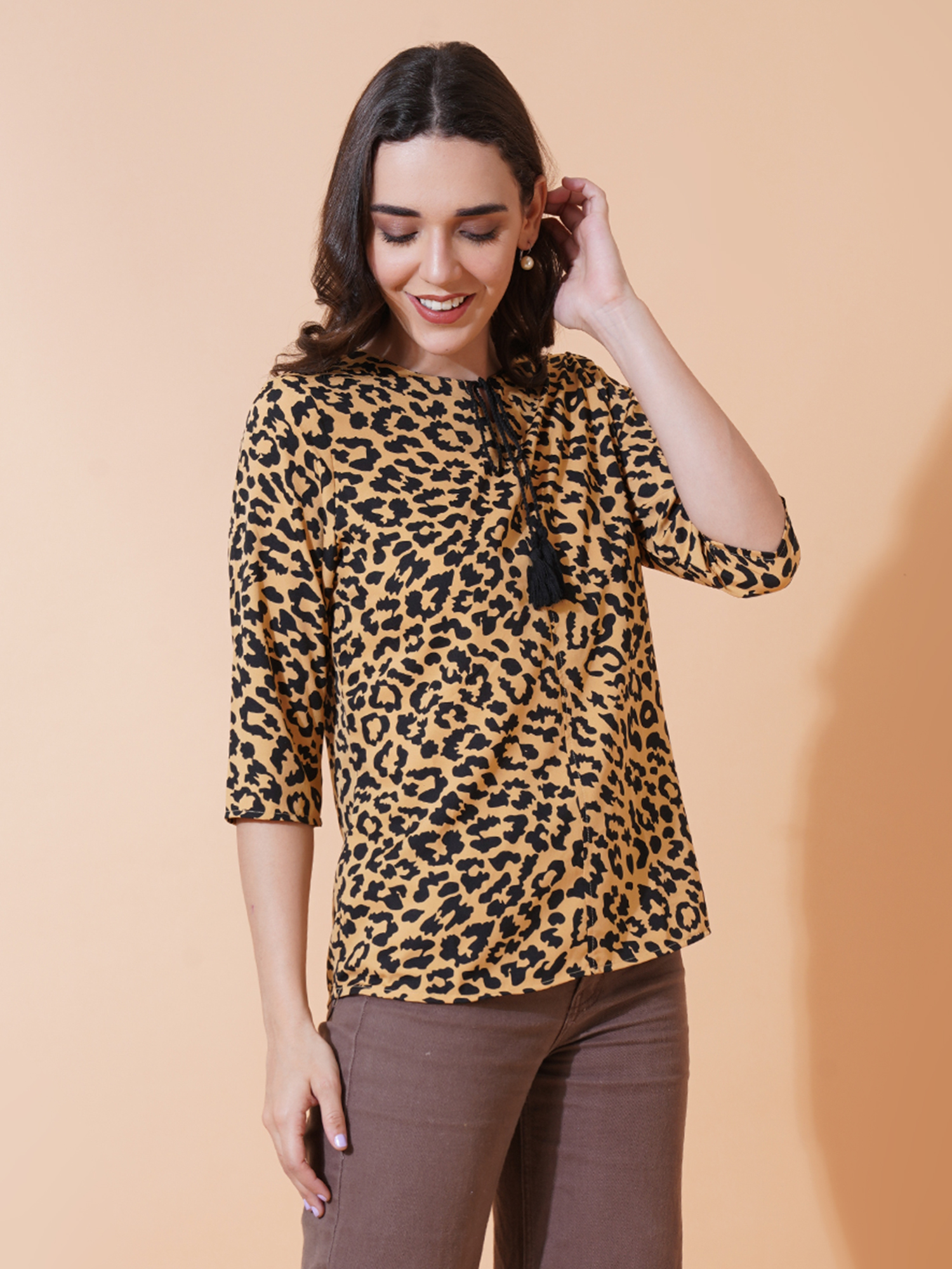 Women Yellow & Black Animal Print Tie-Up Neck Top 3
