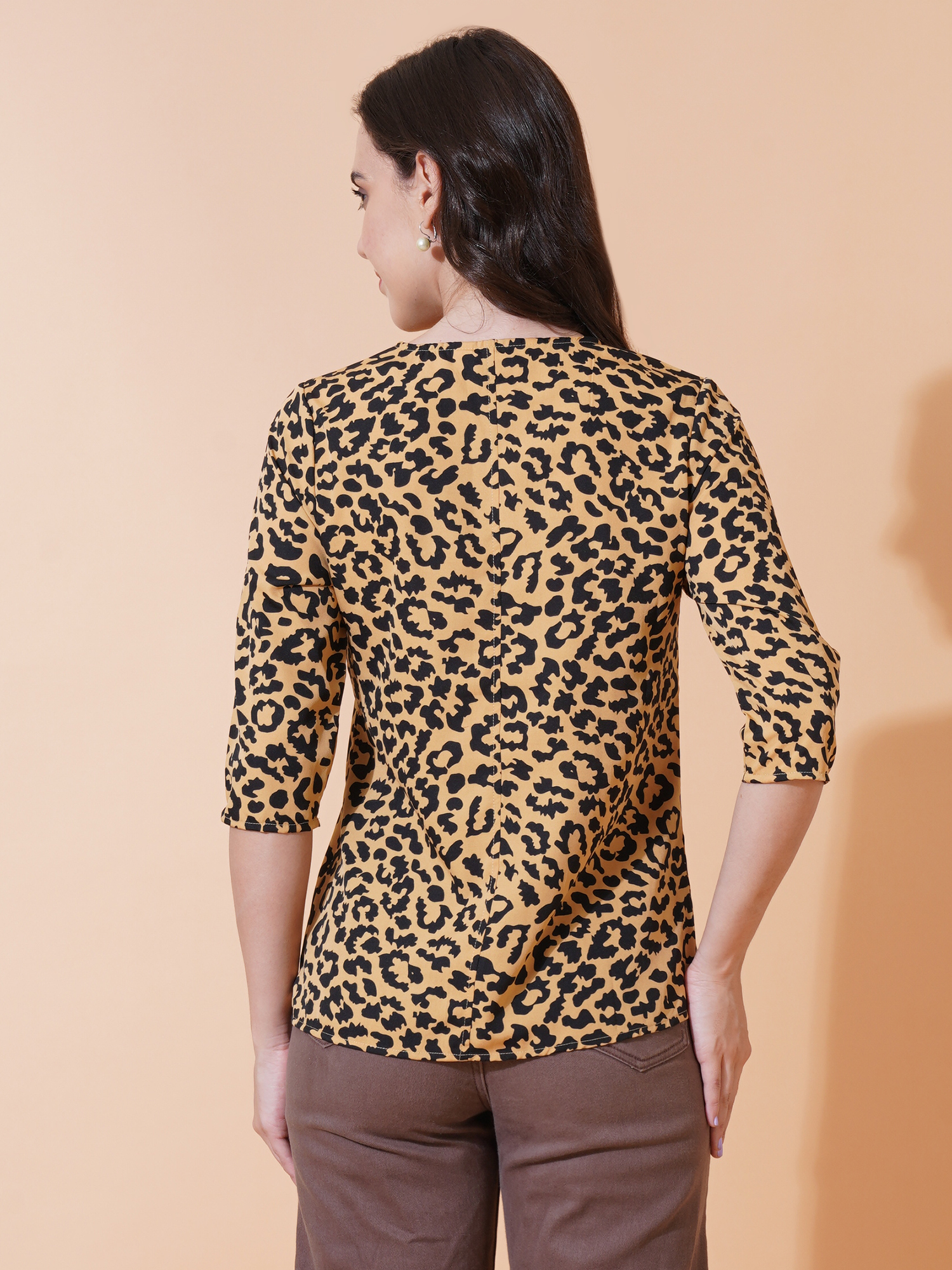 Women Yellow & Black Animal Print Tie-Up Neck Top 4