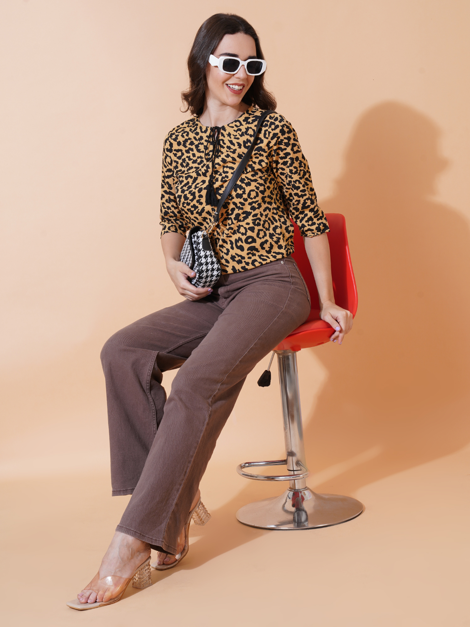 Women Yellow & Black Animal Print Tie-Up Neck Top 5