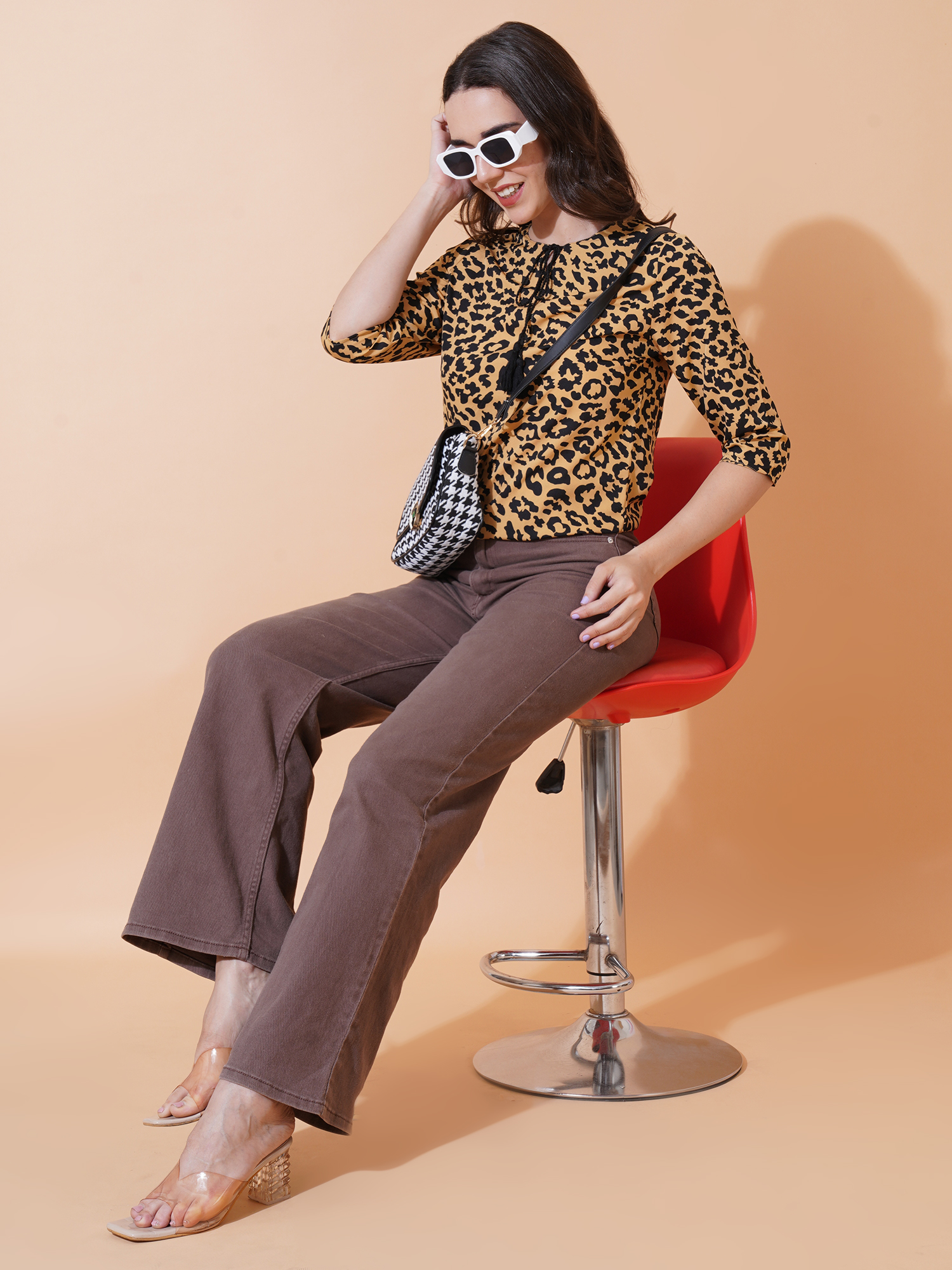 Women Yellow & Black Animal Print Tie-Up Neck Top 6