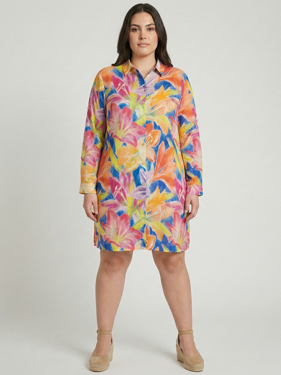 Women Multicolor Above Knee Length Collared Shirt Dress 5
