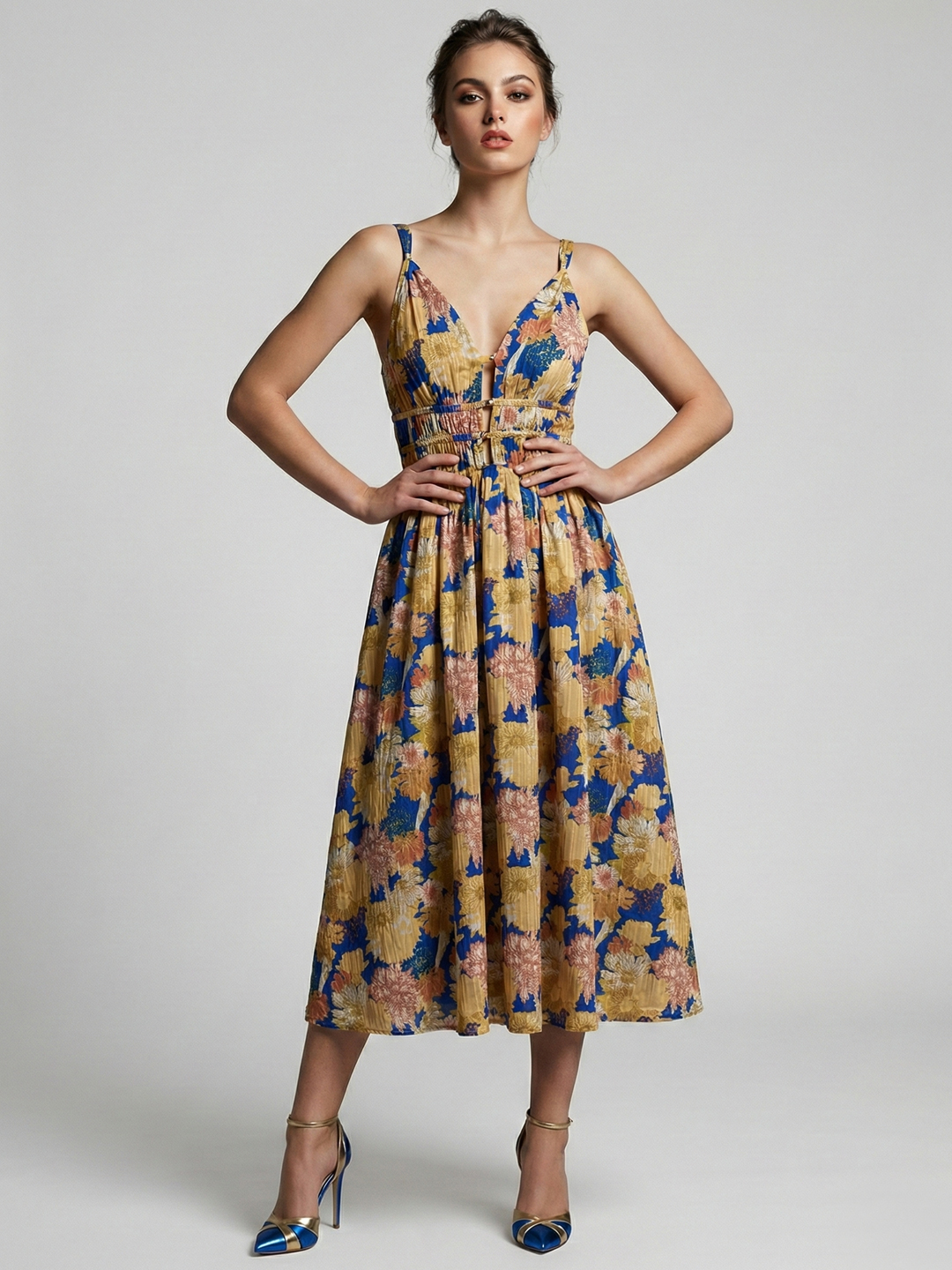 Women Blue & Pink Floral Print Cotton Modal Midi Dress