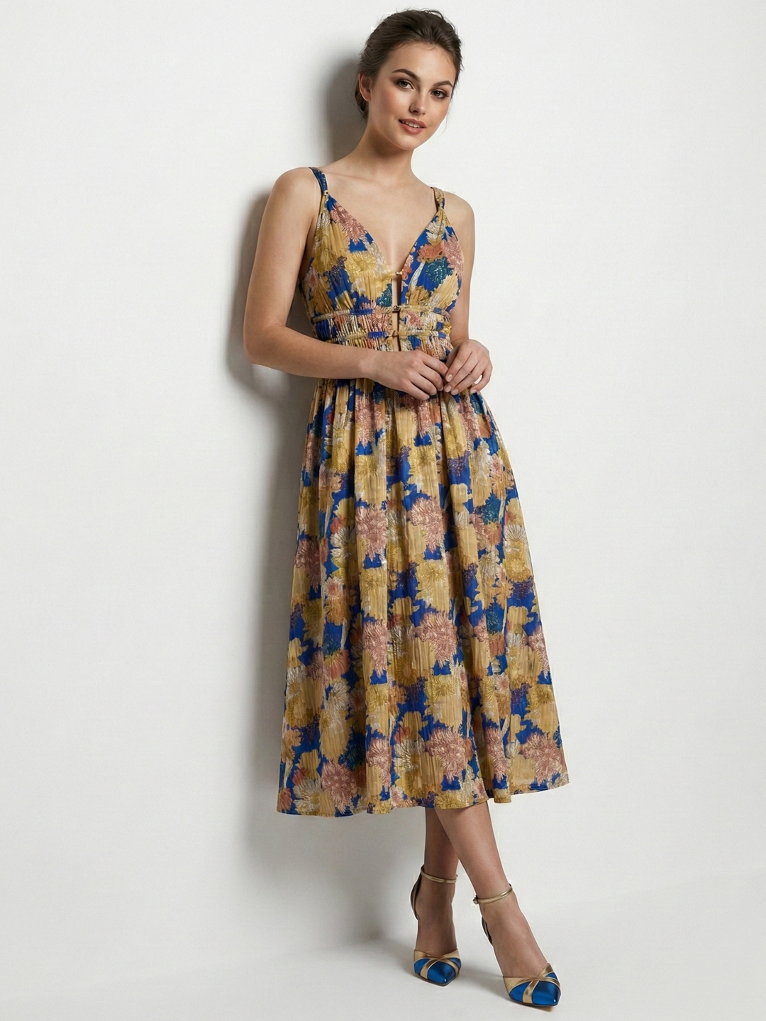 Women Blue & Pink Floral Print Cotton Modal Midi Dress 5