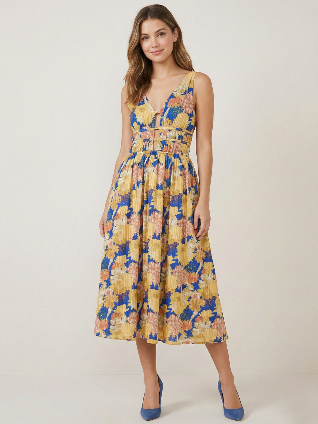 Women Blue & Pink Floral Print Cotton Modal Midi Dress 6