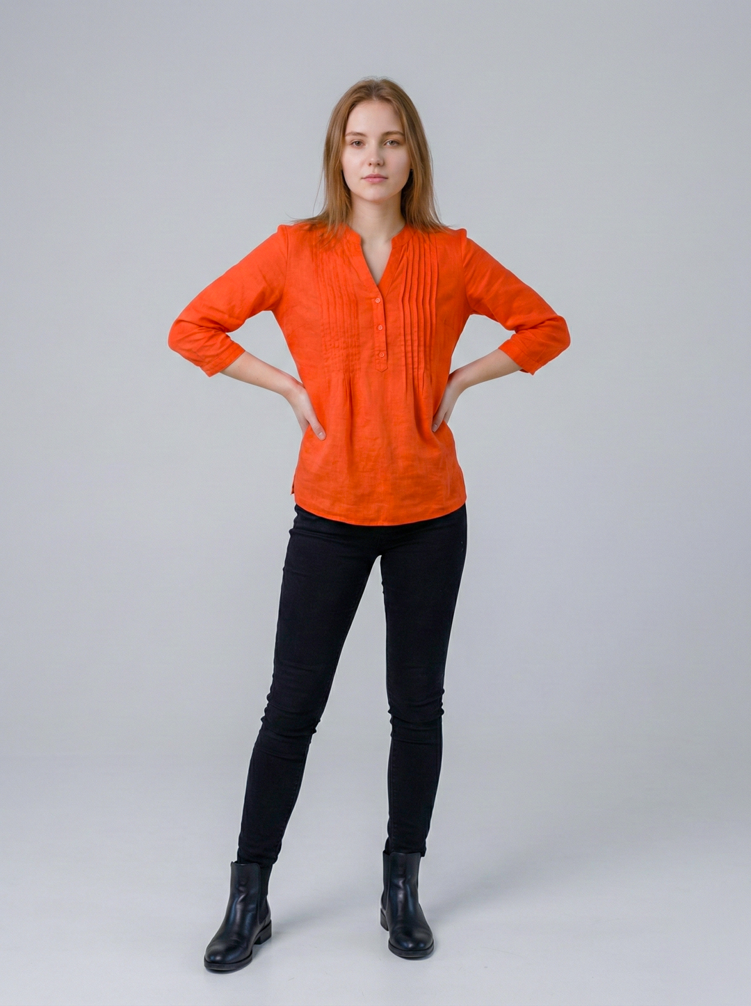 Women Orange Cotton Pintuck Plus Size Top 2