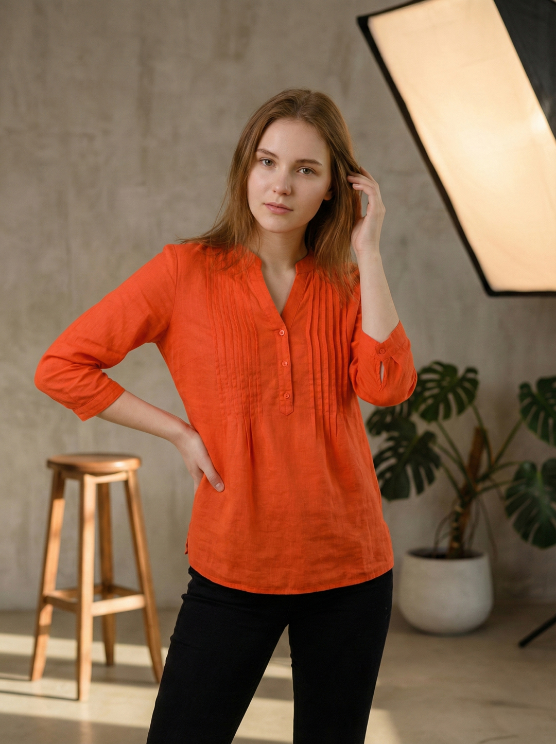 Women Orange Cotton Pintuck Plus Size Top 3