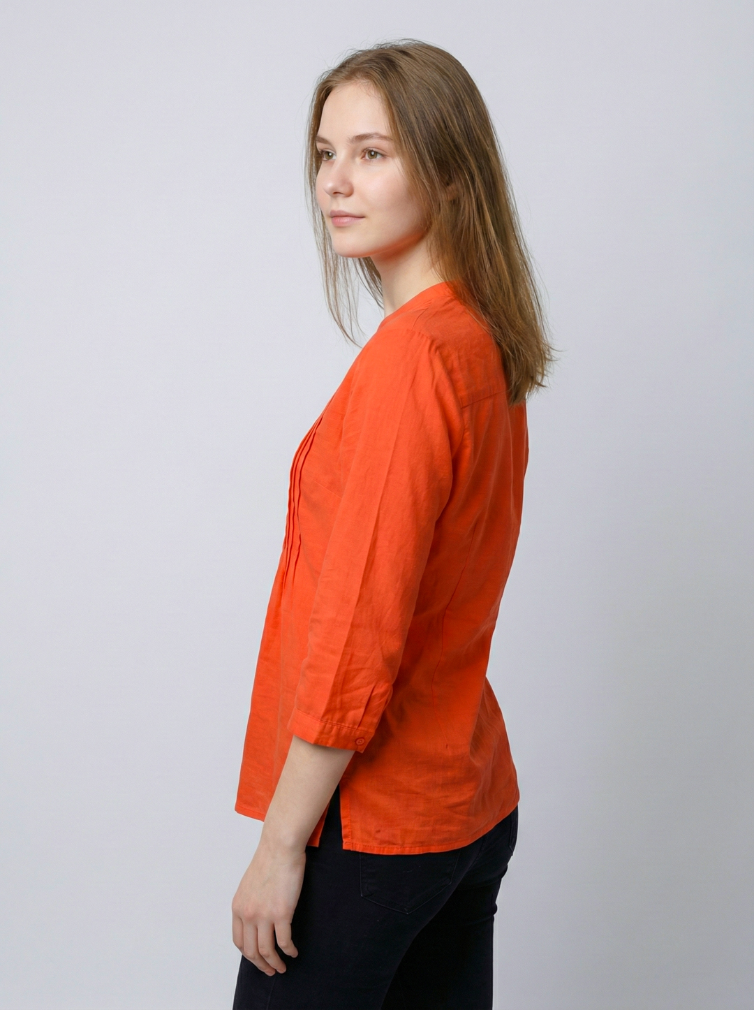 Women Orange Cotton Pintuck Plus Size Top 4