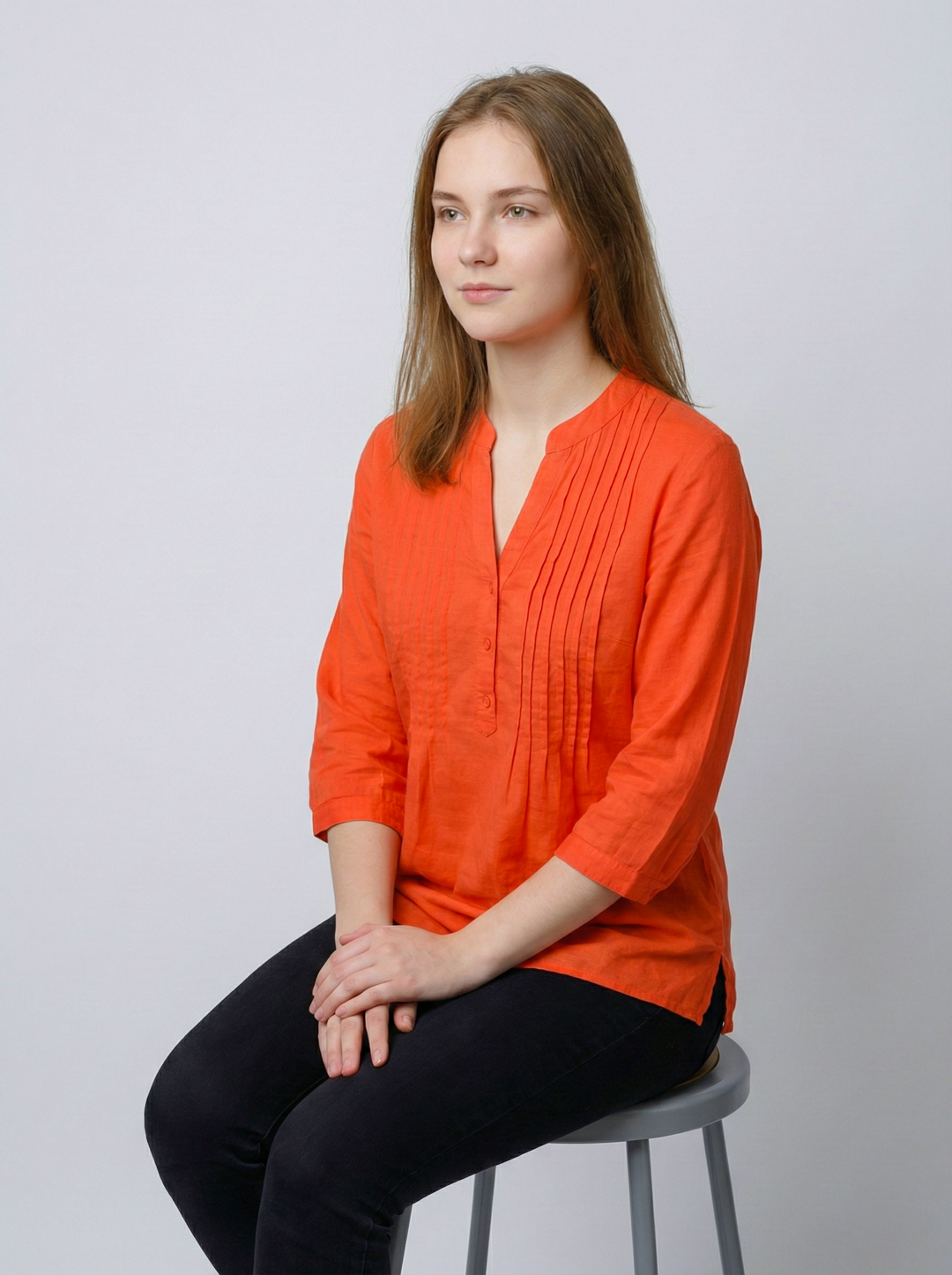 Women Orange Cotton Pintuck Plus Size Top 5