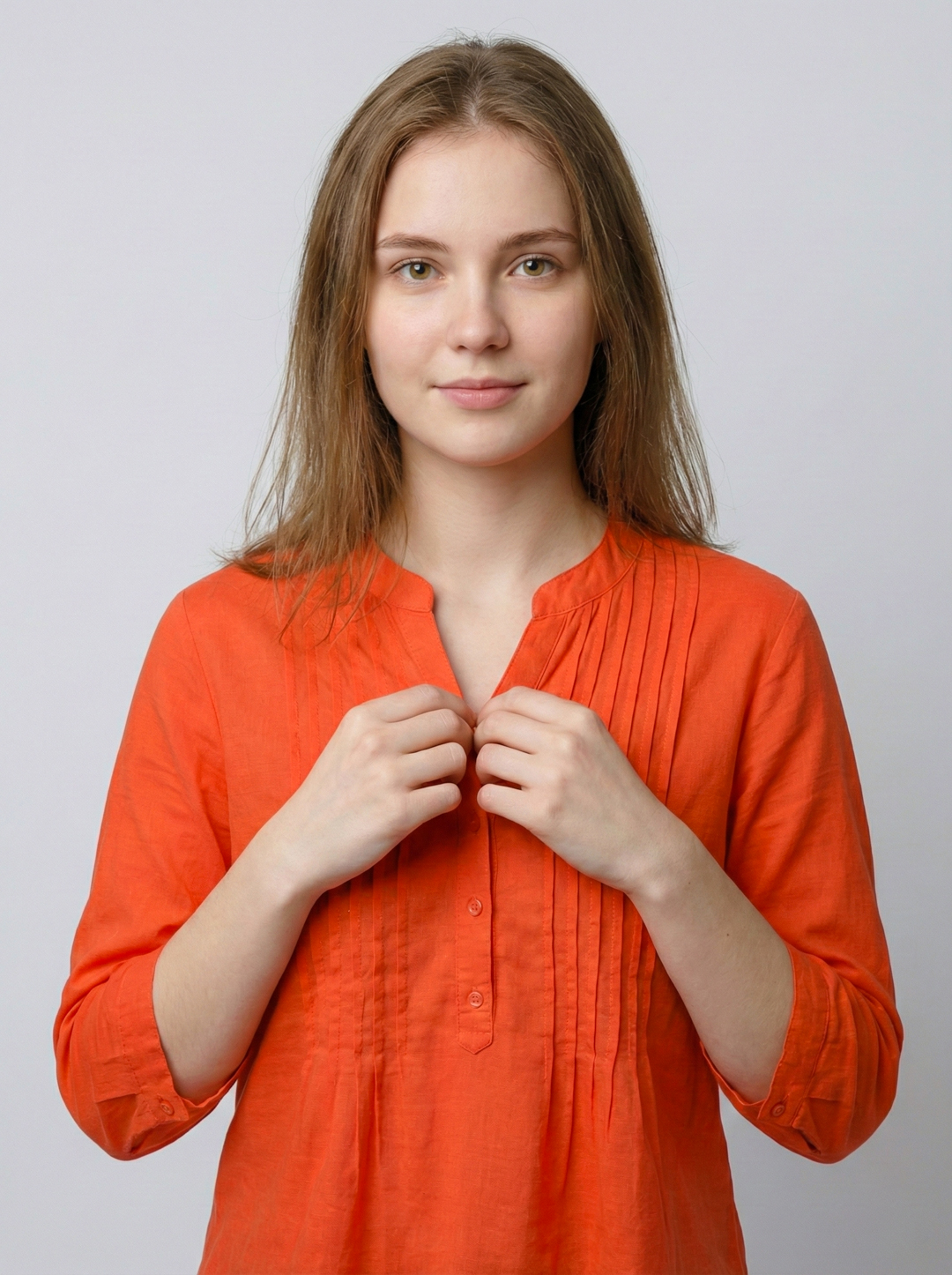 Women Orange Cotton Pintuck Plus Size Top 6