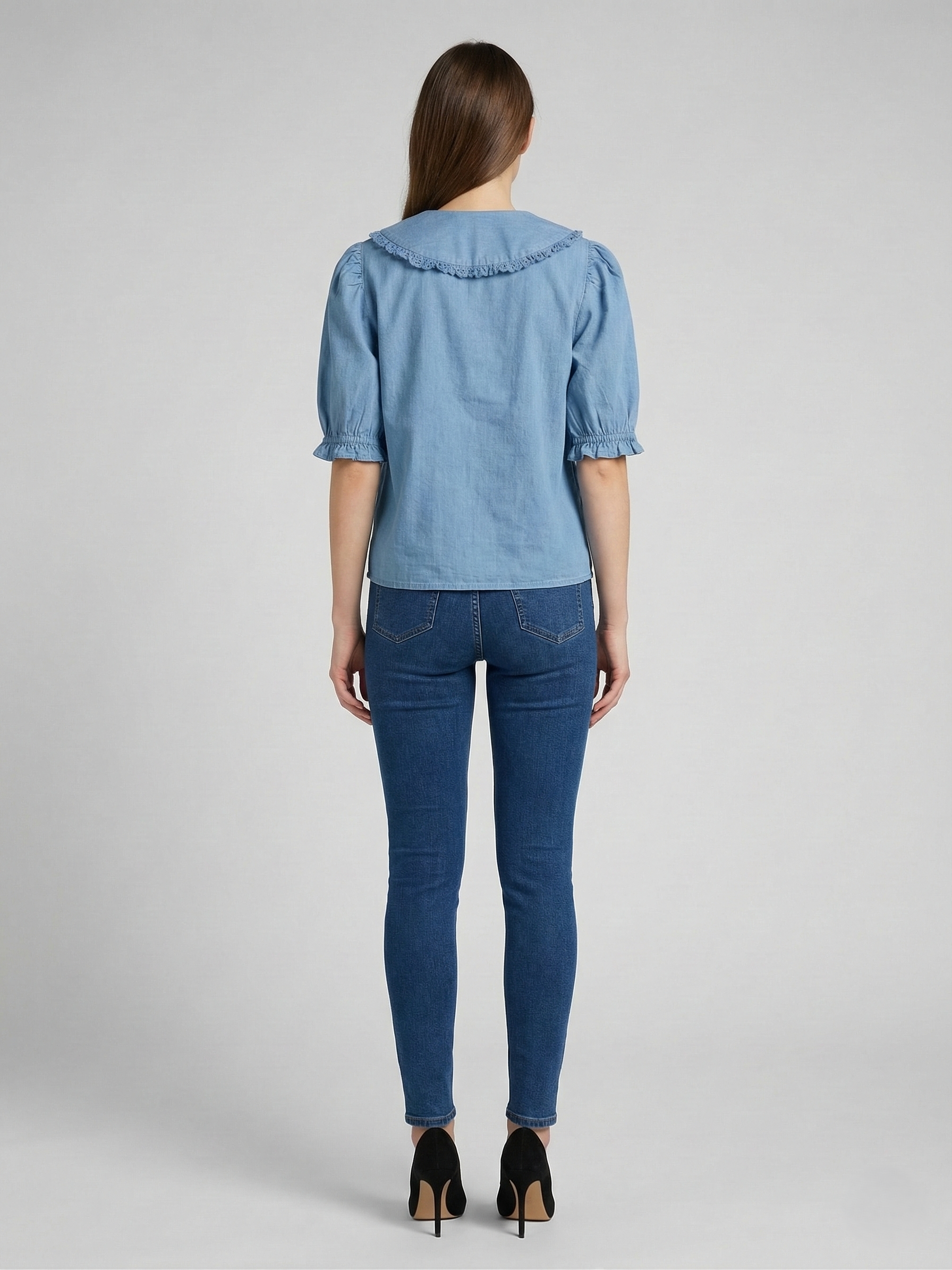 Women Light Blue Denim Peter Pan Collar Embroidered Top 2