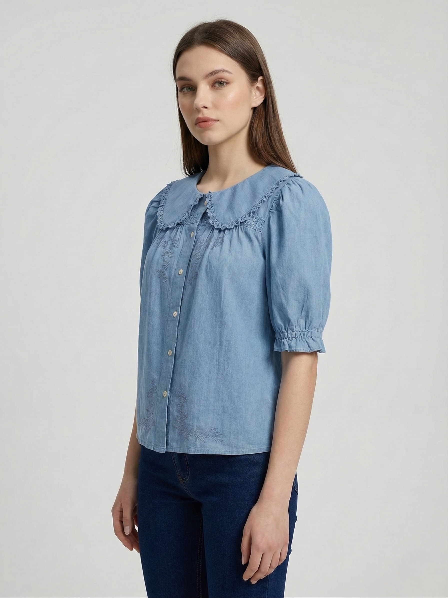 Women Light Blue Denim Peter Pan Collar Embroidered Top 3