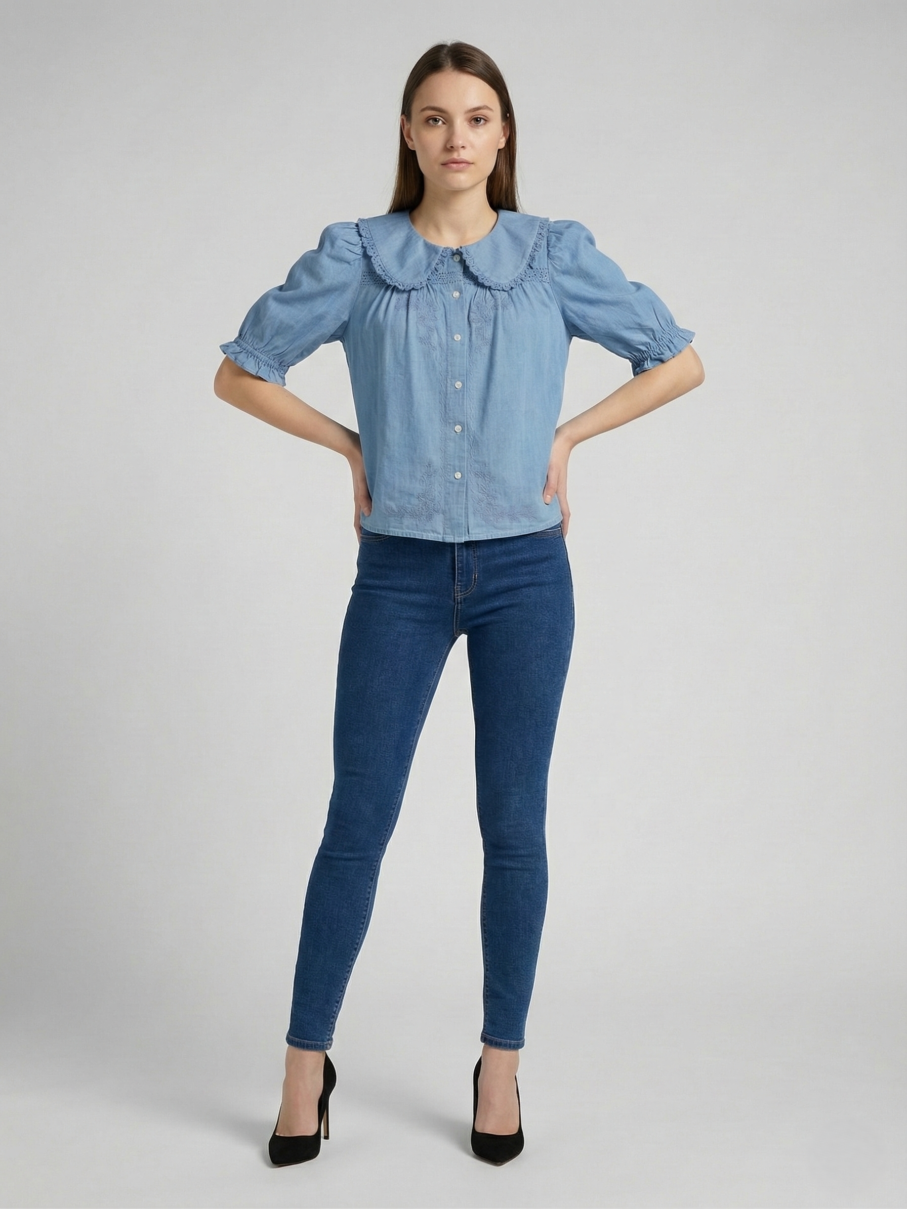 Women Light Blue Denim Peter Pan Collar Embroidered Top 4