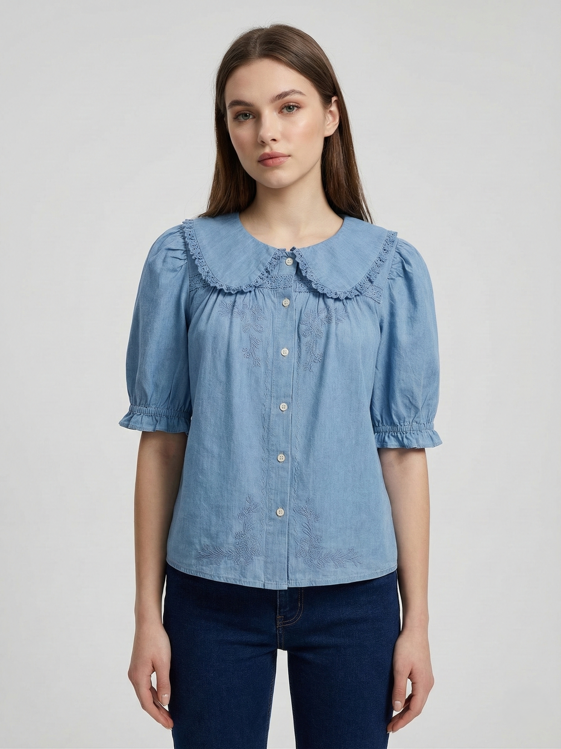 Women Light Blue Denim Peter Pan Collar Embroidered Top 5
