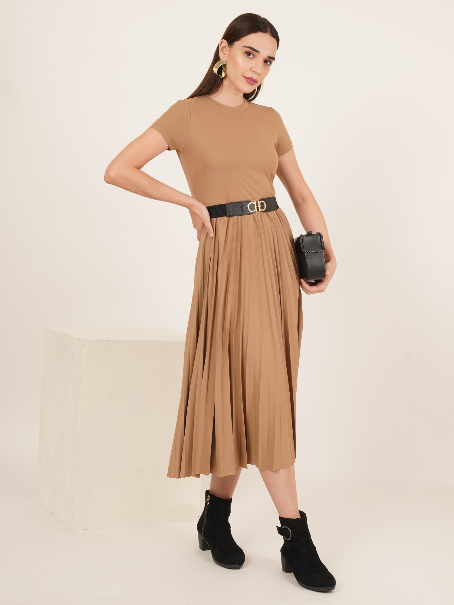 Women Brown Solid Pleated Skirt & Top Co-ord Set 6