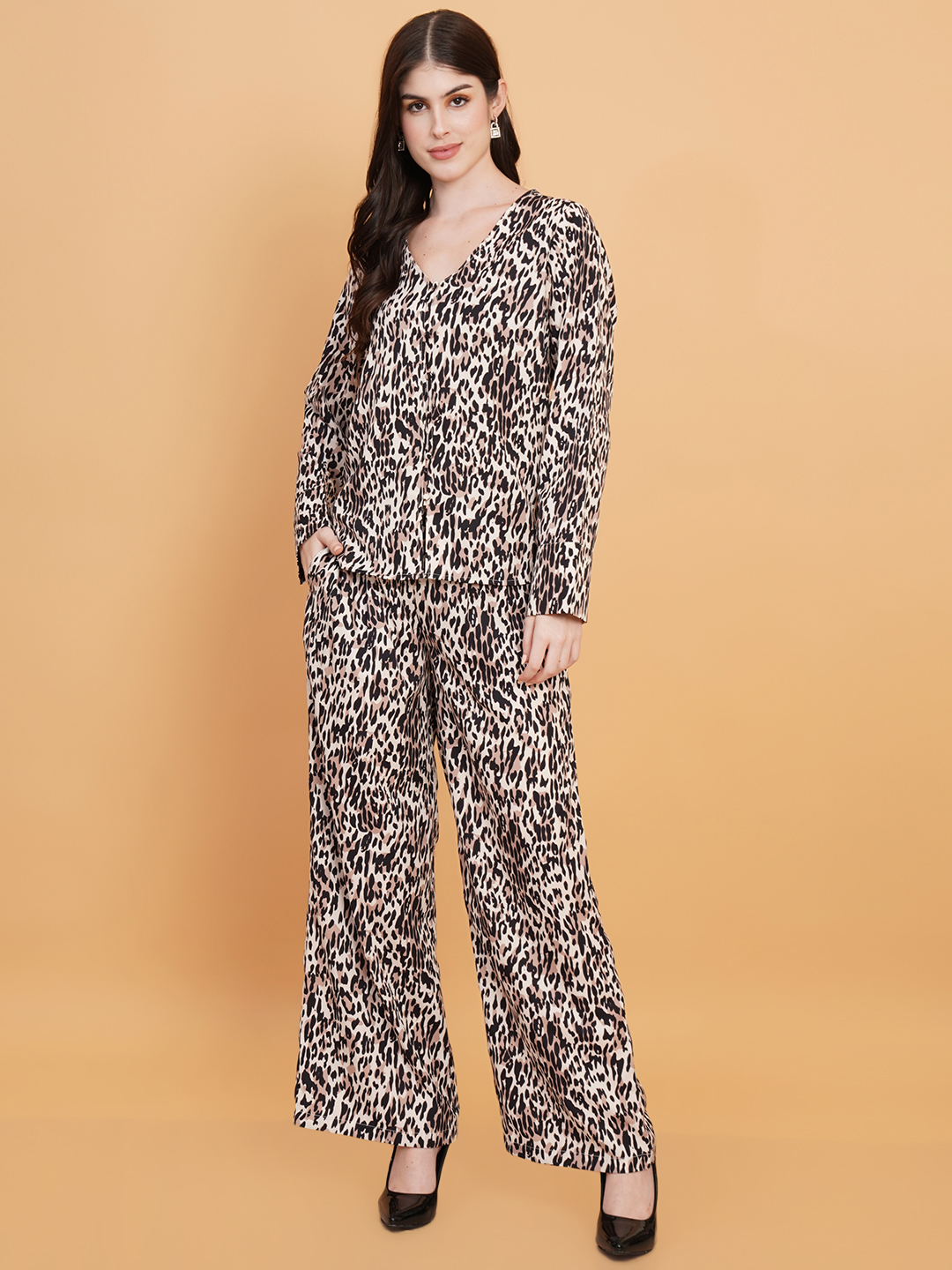 Women Black & Brown Animal Print Shirt & Trouser Co-ord Set 2
