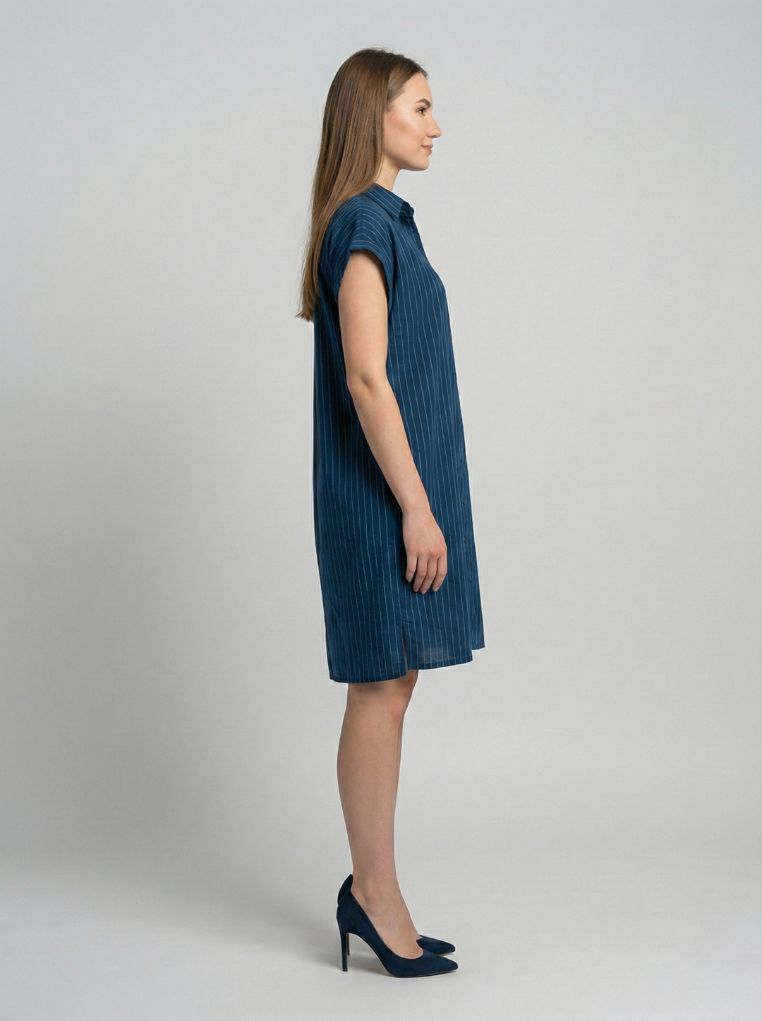 Women Blue Stripe Collared A-Line Dress 2