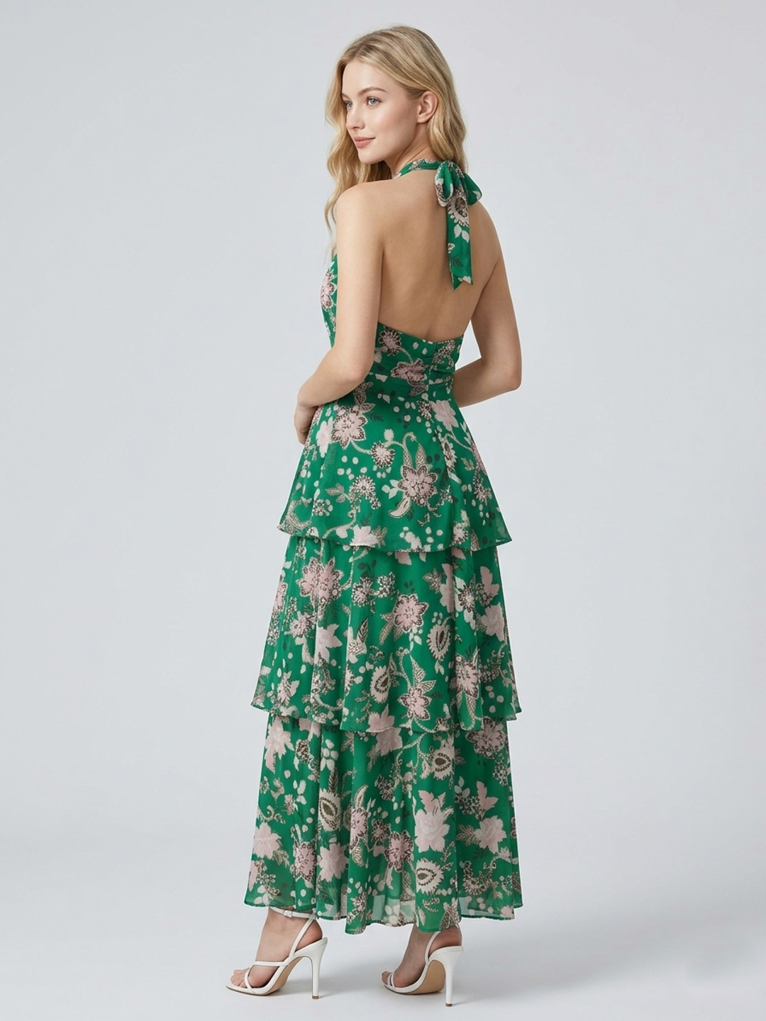 Women Green Floral Print Frill Detail Open Back Maxi Dress 2