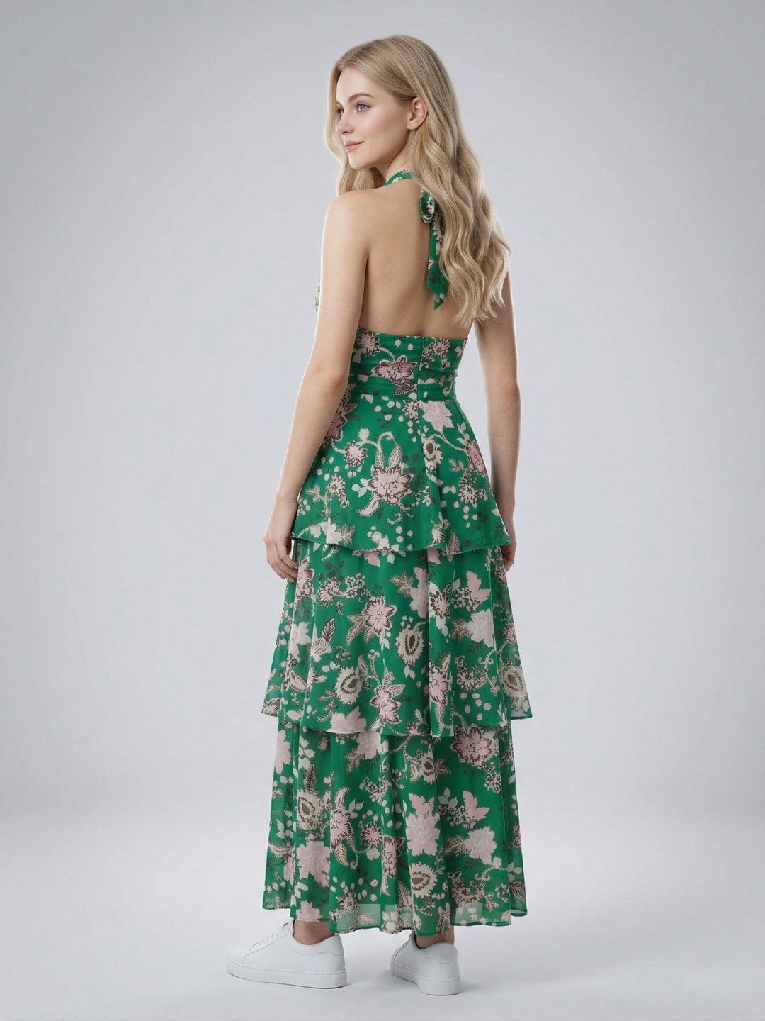Women Green Floral Print Frill Detail Open Back Maxi Dress 3