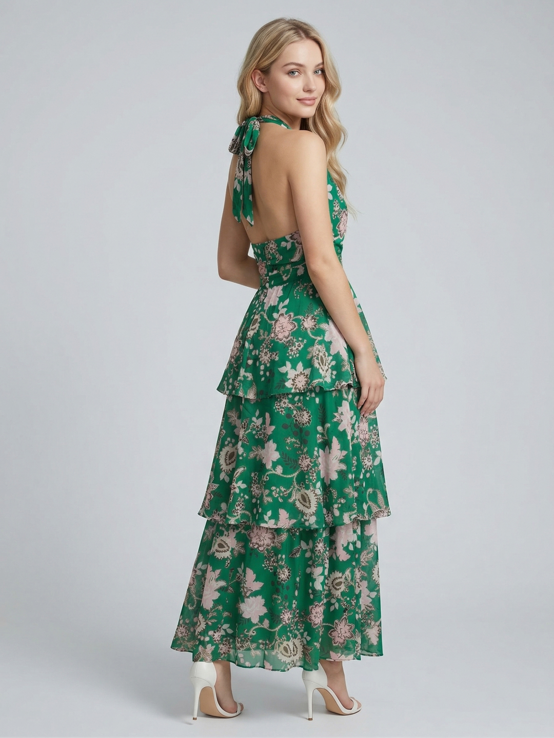 Women Green Floral Print Frill Detail Open Back Maxi Dress 4