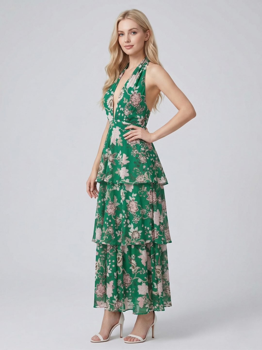 Women Green Floral Print Frill Detail Open Back Maxi Dress 5