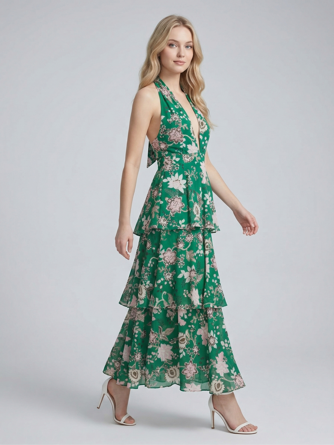 Women Green Floral Print Frill Detail Open Back Maxi Dress 6