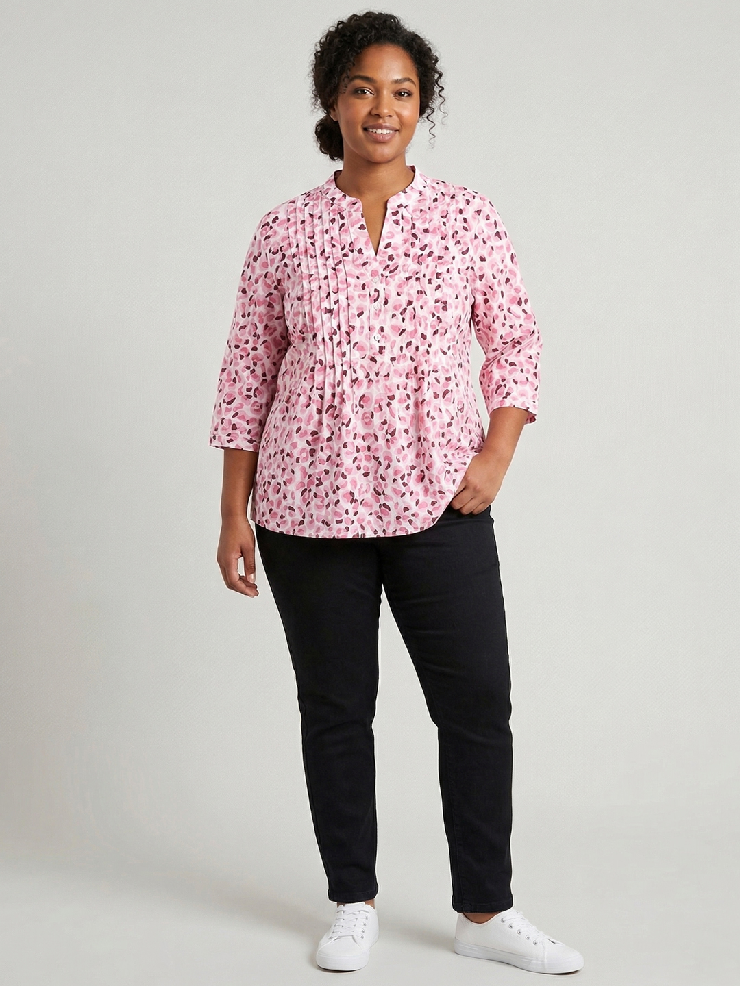 Women Pink & White Cotton Printed Mandarin Collar Plus Size Top 5