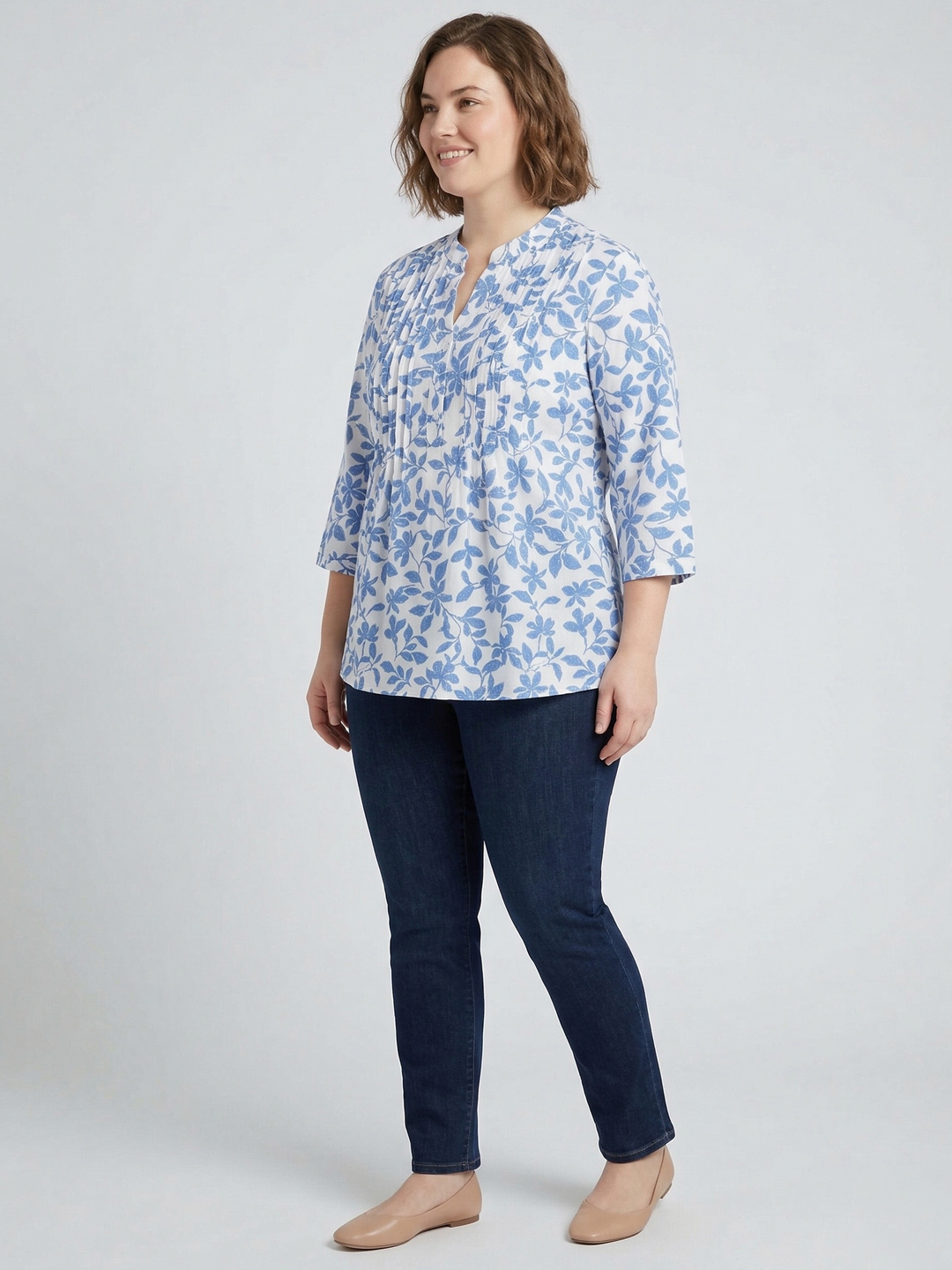 Women Blue & White Cotton Printed Mandarin Collar Plus Size Top 3