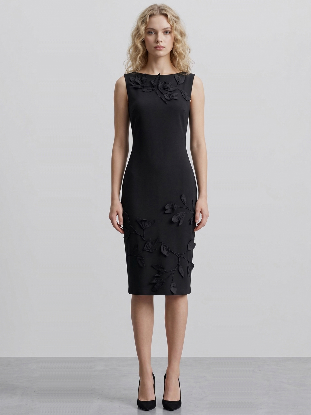 Women Black Floral Sleeveless Sheath Midi Dress